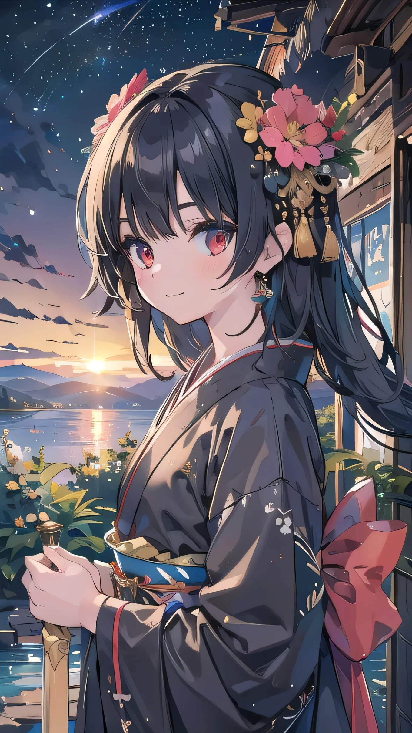  Strong Details ,  HIGHLY Details, photorealistic, best quality, high definition,  reverse exchange, high detail, best quality, 16k, [ ultra More], masterpiece, best quality, ( Extremely detailed )((top quality)),((masterpiece)),  Scenery, 　upper body, 1 girl, Adventurer　 clear 　Shiny black hair　 Pottery Skin 　black robe　 kimono　stupid hair　Noble Long Hair 　 scrapes up the hair　red eyes　　stares at viewers　smile　Belt Sword, sky full of stars,Pitch black sky