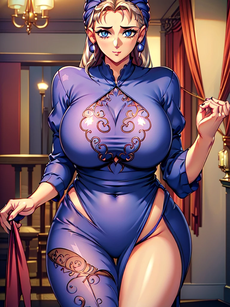 (Masterpiece),Best Quality, ultra-detailed, perfect hands,perfect legs, Delicate eye expression, 1girl (rinko_iori, Sexy, A voluptuous and sexy body, huge breasts, naked body, dark blue hair, long hair, blue eyes (empty eye)),closed mouth(wicked smile), solo, nude,full  body,china dress, Late at night, in a bedroom, standing,  Sexy waist teasing ,