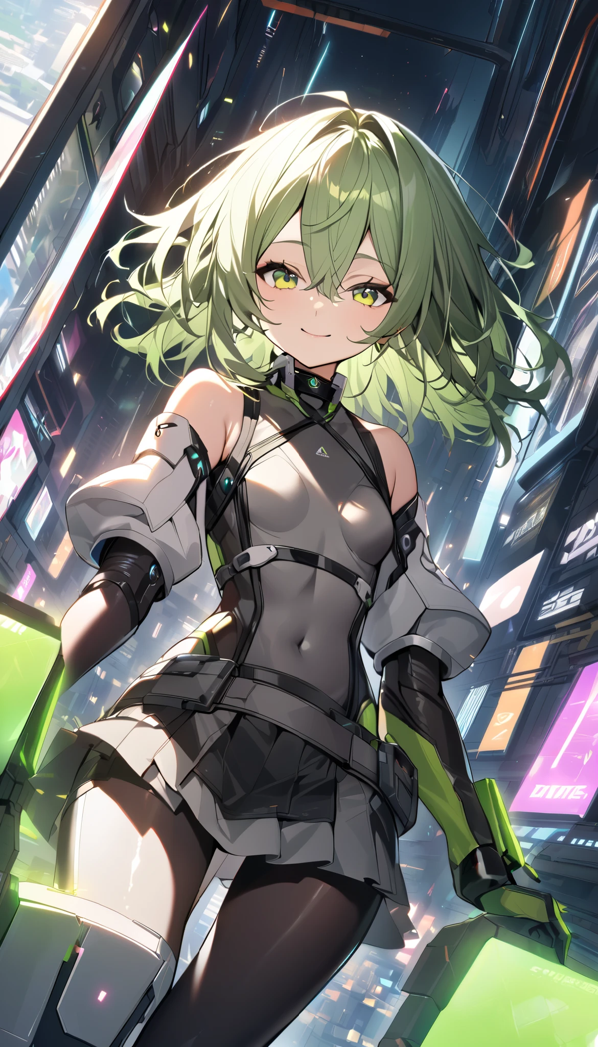  ung_girl, solo, long_shaggy_hair, green_hair, long_bangs,bare_shoulders,short sleeves, (thin_gray_bodysuit), black_harness, green eyes, very_short_front_cutout_skirt, dettached_long_sleeves,gloves, light_smile, in futuristic city, , high quality,crotch, slouch,groin,dynamic_angle,black_hair_band,small_breasts,