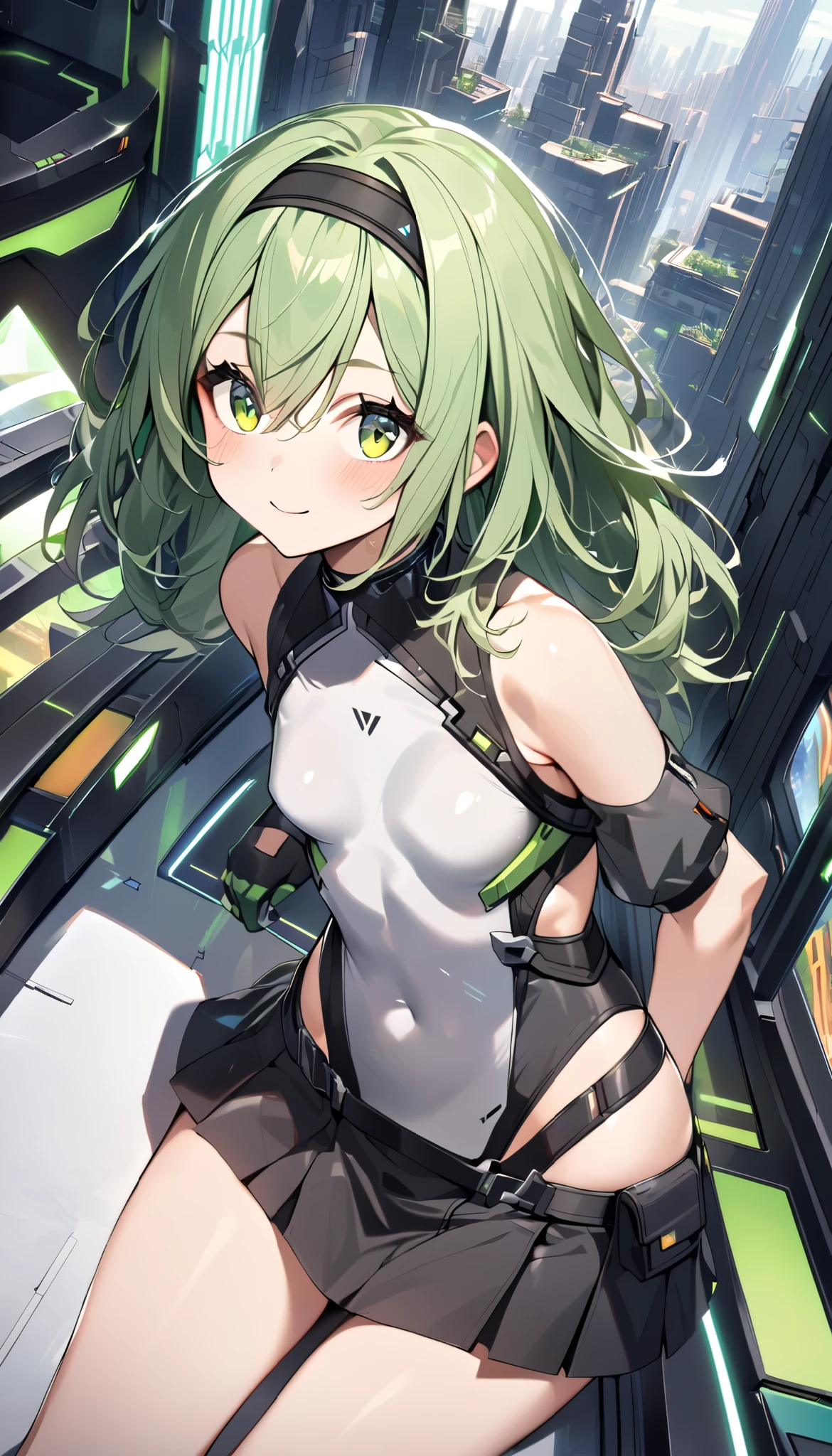  ung_girl, solo, long_shaggy_hair, green_hair, long_bangs,bare_shoulders,short sleeves, (thin_gray_bodysuit), black_harness, green eyes, very_short_front_cutout_skirt, dettached_long_sleeves,gloves, light_smile, in futuristic city, , high quality,crotch, slouch,groin,dynamic_angle,black_hair_band,small_breasts,
