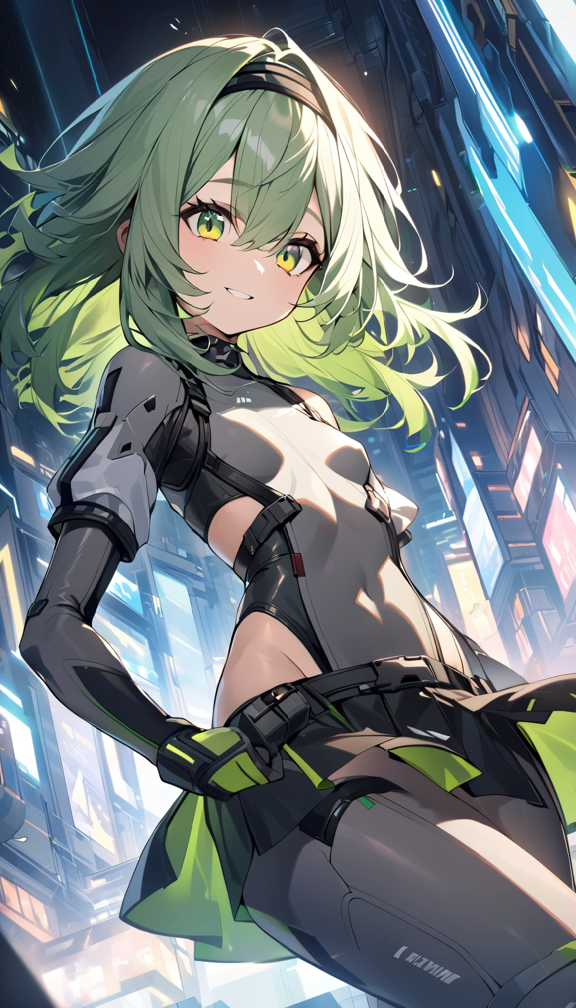 1young_girl, solo, long_shaggy_hair, green_hair, long_bangs,bare_shoulders,short sleeves, (thin_gray_bodysuit), black_harness, green eyes, very_short_front_cutout_skirt, dettached_long_sleeves,gloves, light_smile, in futuristic city, , high quality,crotch, slouch,groin,dynamic_angle,black_hair_band,small_breasts,
