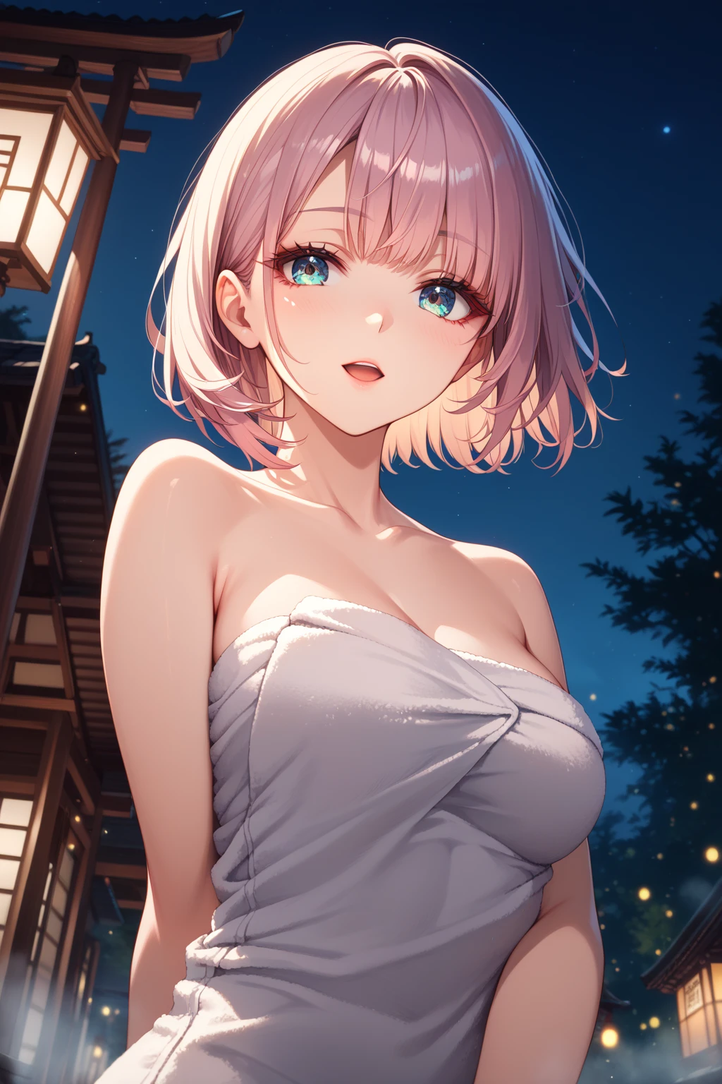 (Solo, 1 Female, {{{{Hundred Heroes: Momo}}}}}}, (((Pink towel))), (((Hidden body with towel))), 16 years old, Large breasts, Thin waist, Pink hair, Bangs, ((((Medium hair))))), (((Small purple ribbon headband))), Purple eyes, Big eyes, Detailed face), Love, {{{{Embarrassed}}}, (((Looking up))), Red cheeks, ((( touching her hair))), (((immersed in hot spring up to her waist))), (looking at the viewer), ({{{masterpiece}}}, {{{top quality}}}, {{super detailed}}}, {illustration}, {{very delicate and beautiful}}, (((((beautiful hot spring at night))))), hot spring, steam, vapor, mist, nature, (((((beautiful night sky))))))), bonfire, cinema lighting, cinema composition, peach, shining night starry sky