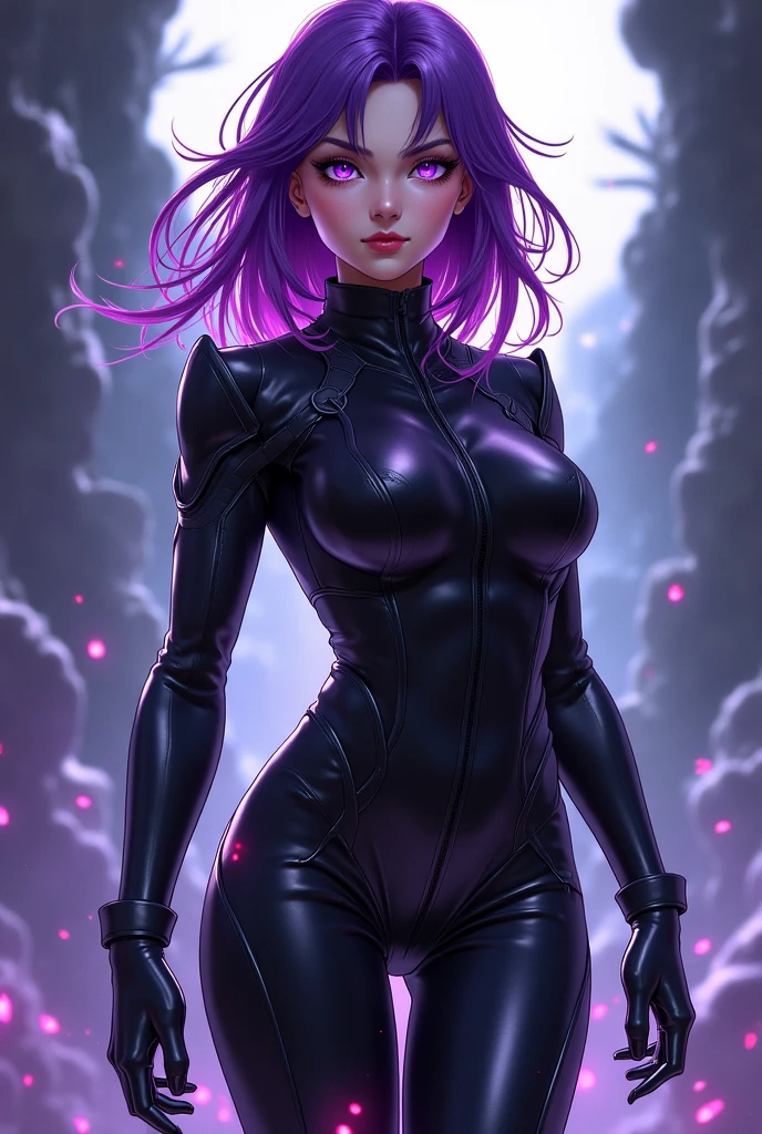 Masterpiece, best quality, 1girl, with long flowing iridescent hair in shades of purple, blue, and green, wearing a sleek black bodysuit, standing in a dramatic pose with one hand on her hip and the other holding a glowing, magical crystal ball. In the background, a swirling vortex of light and energy adds to the mysterious and enchanting atmosphere of the scene. glow hair, multicolor hair