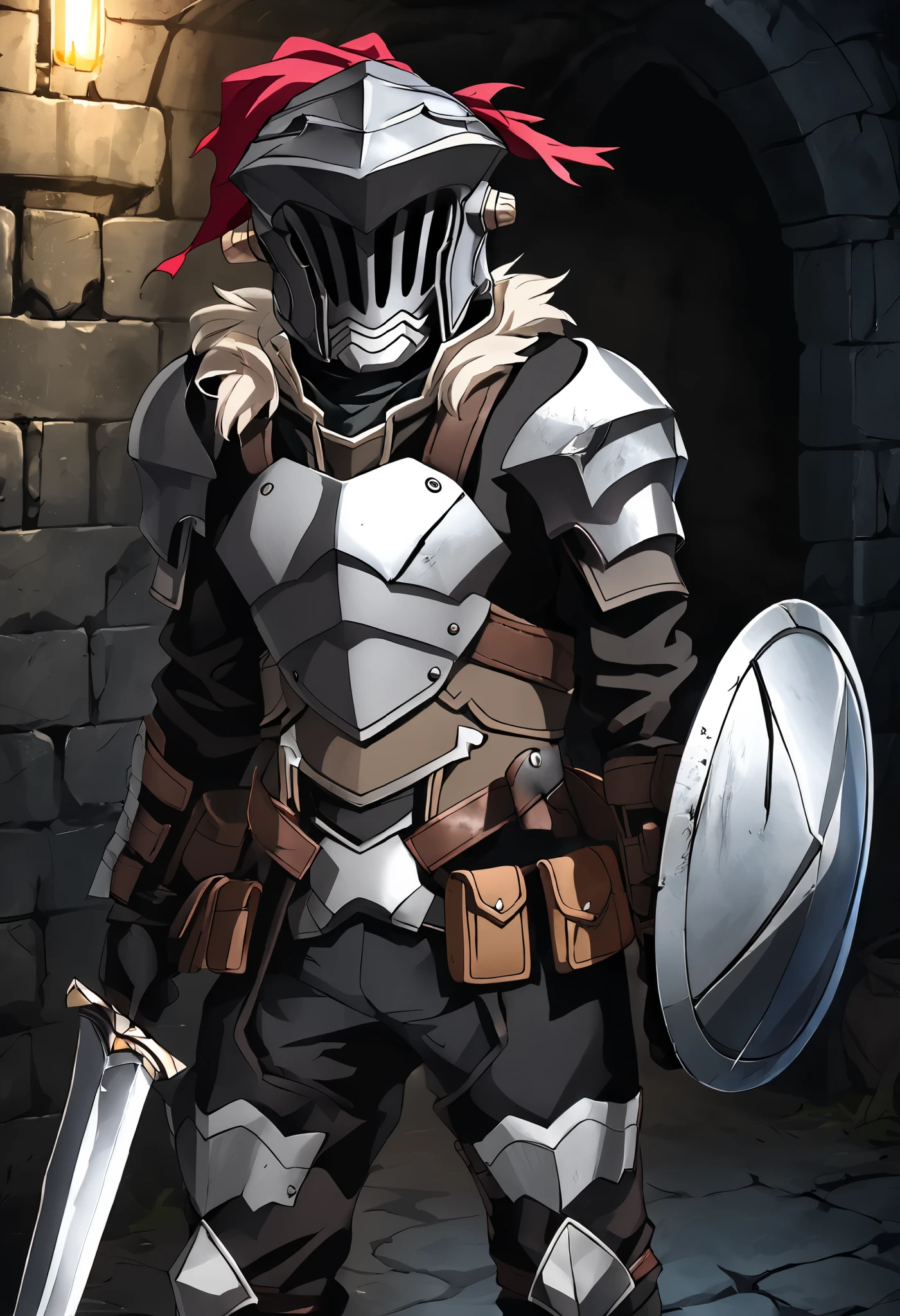 Goblin Slayer, 1 male, dull colored armor, dirty, Damaged Helm, has a short sword in his right hand, Sluggish Sword, He has a small shield in his left hand, in the dungeon, dark, Gloomy,