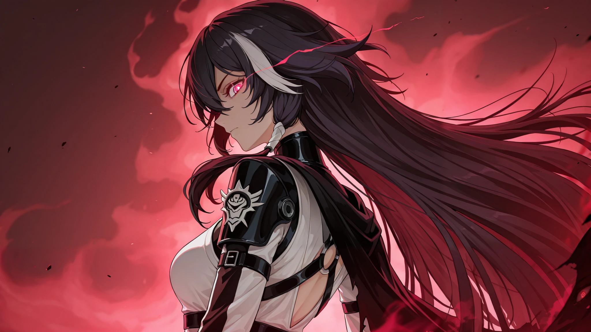by [inoitoh|arknights|748cmstyle],
1girl, solo, alone, single character, messy background, chaotic background, magic aura background, (side eye at viewer, side glance, dynamic action, upper body focus, closeup shot:1.2), adult woman, FuHua, Fol005, Fh_Hos, fu hua, deep crimson eyes, very long hair, (black hair, dark hair, raven coloured hair, white streaks:1.44), white dress with black accessories, battle dress, warmage, succubus, incubus, broken cloak, (black rock shooter:0.22), glowing eye, eye trail, (unusual pupils), (glowing eyes), (magic eyes), half obscured body covered in smoke, obscured body covered in red smoke,
(mature, exquisite detail, 8k, 4k, sharp focus, ultra-detailed, detailed background, absurdres, best quality, amazing quality, very aesthetic, high resolution, newest, hyper-detailed:0.78)
 