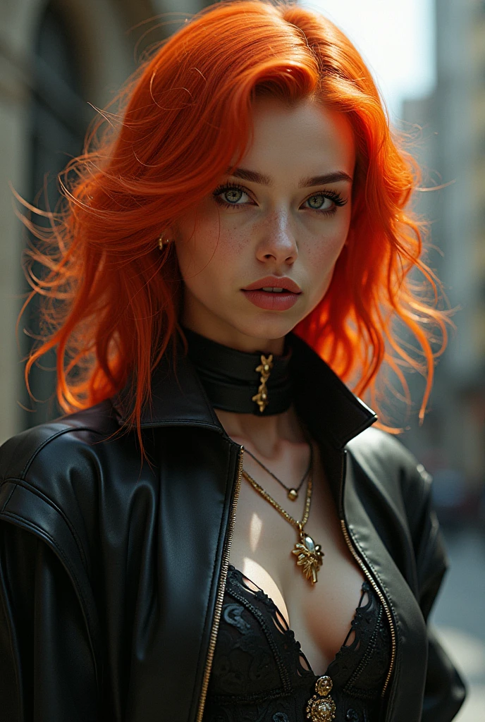 Sixteen-year-old female teenager, tall and with big breasts, white skin with freckles, curly orange-red hair and blue-green eyes. Wearing a black blouse under a red leather jacket