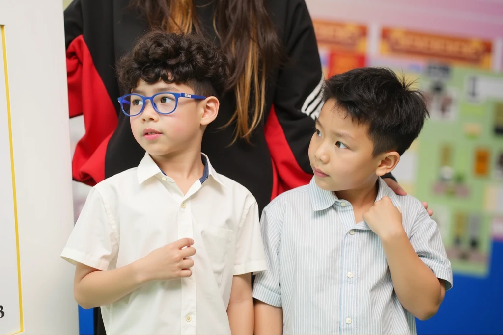 There is a chubby bespectacled brown hair and brown eyes with glasses. and a small boy  with dark skin and black hair  and 1 another boy tall white skin, black hair 