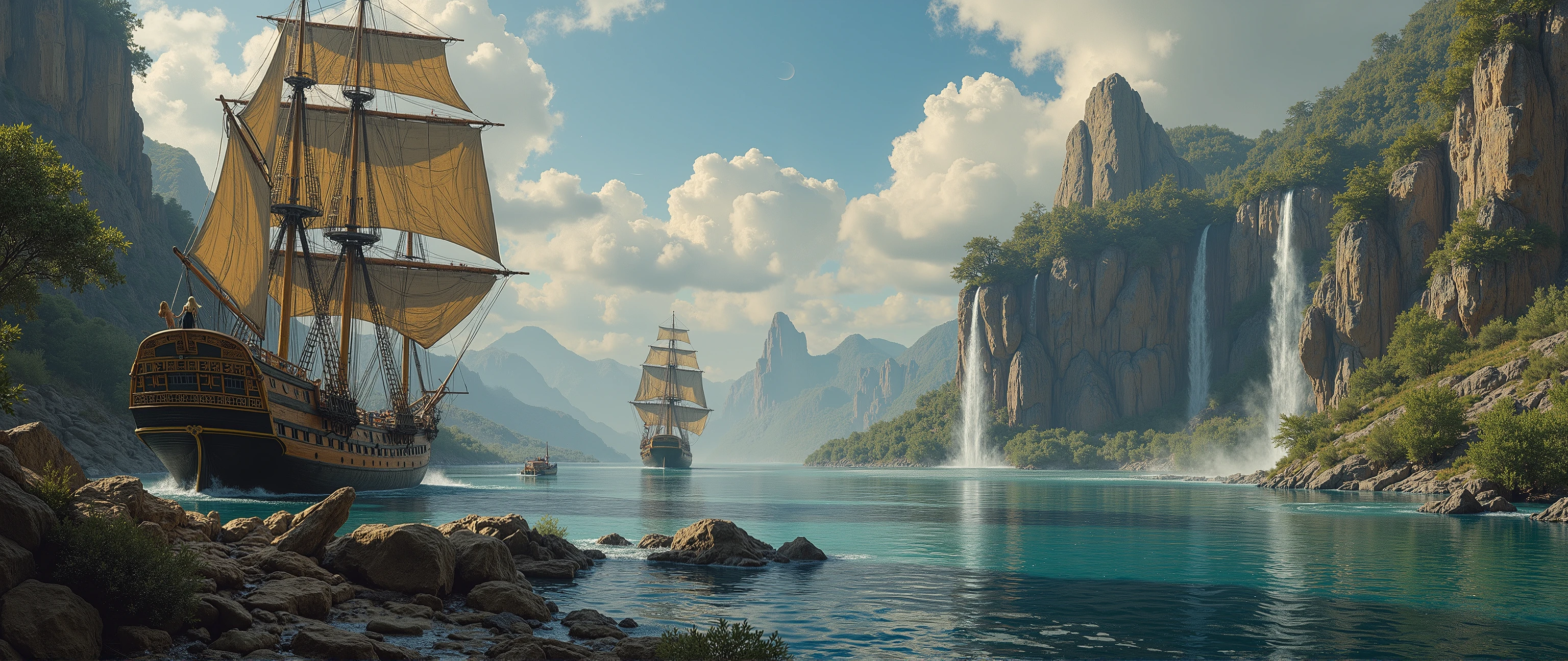 epic oil painting , 16 thousand., photo quality, The fantasy zone , science fiction, fantastic landscape with warships, portrait of the captain's girlfriend standing at the helm of her frigate, dangerous mangrove planet with mangrove swamps , , a dangerous marsh planet with springs flowing through the rocks and small picturesque waterfalls, Orion constellation universe, three-deck sailing frigate, with a scrupulous drawing of all the small details, detailing with thousands of small details , epic oil painting , view of the landscape from a very high altitude, close-up of a smelling flower, 16 ,