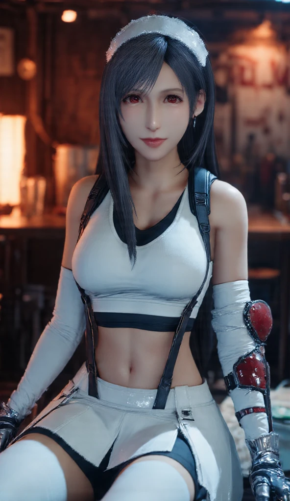 best quality, ultra-detailed, high resolution, extremely detailed CG, unity 8k wallpaper, super detailed skin, detailed, dynamic lighting, beautiful detailed eyes, kill la kill, ryuko matoi, defTifa, muscular, strong muscular woman, red crop top, elbow pad, fingerless gloves, suspenders, very short pleated miniskirt, red boots, dynamic pose, grey eyes, serious, smile, fighting stance, sparring,
