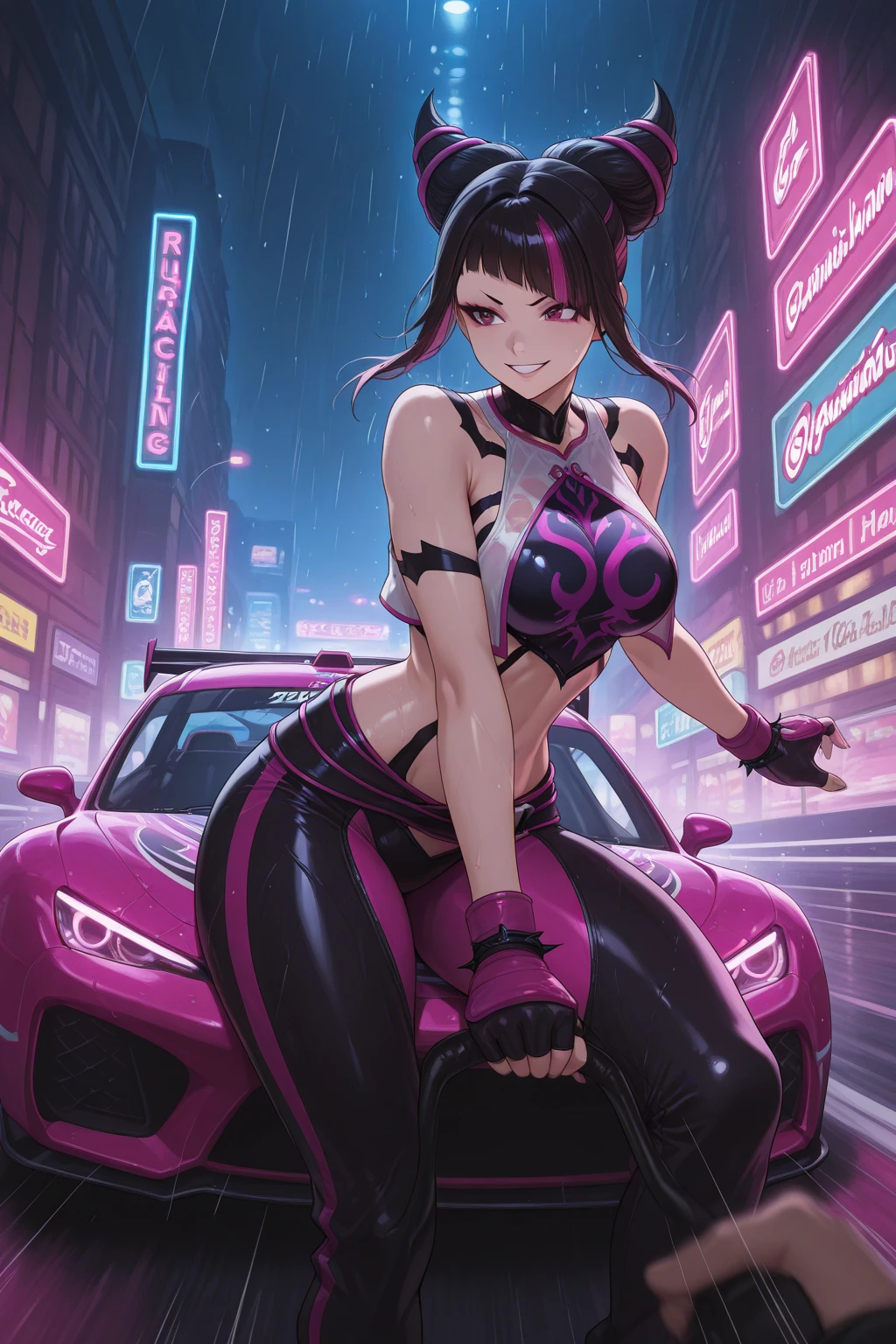 tmasterpiece，HighestQuali，Full-color digital rendering，one-girl，blue-sky，A pink-haired，red color eyes，face to the viewer，full bodyesbian，Energetic girl，ssmile ，Be red in the face，cat ear，Purple-black headphones，Anime style，adolable，long whitr hair