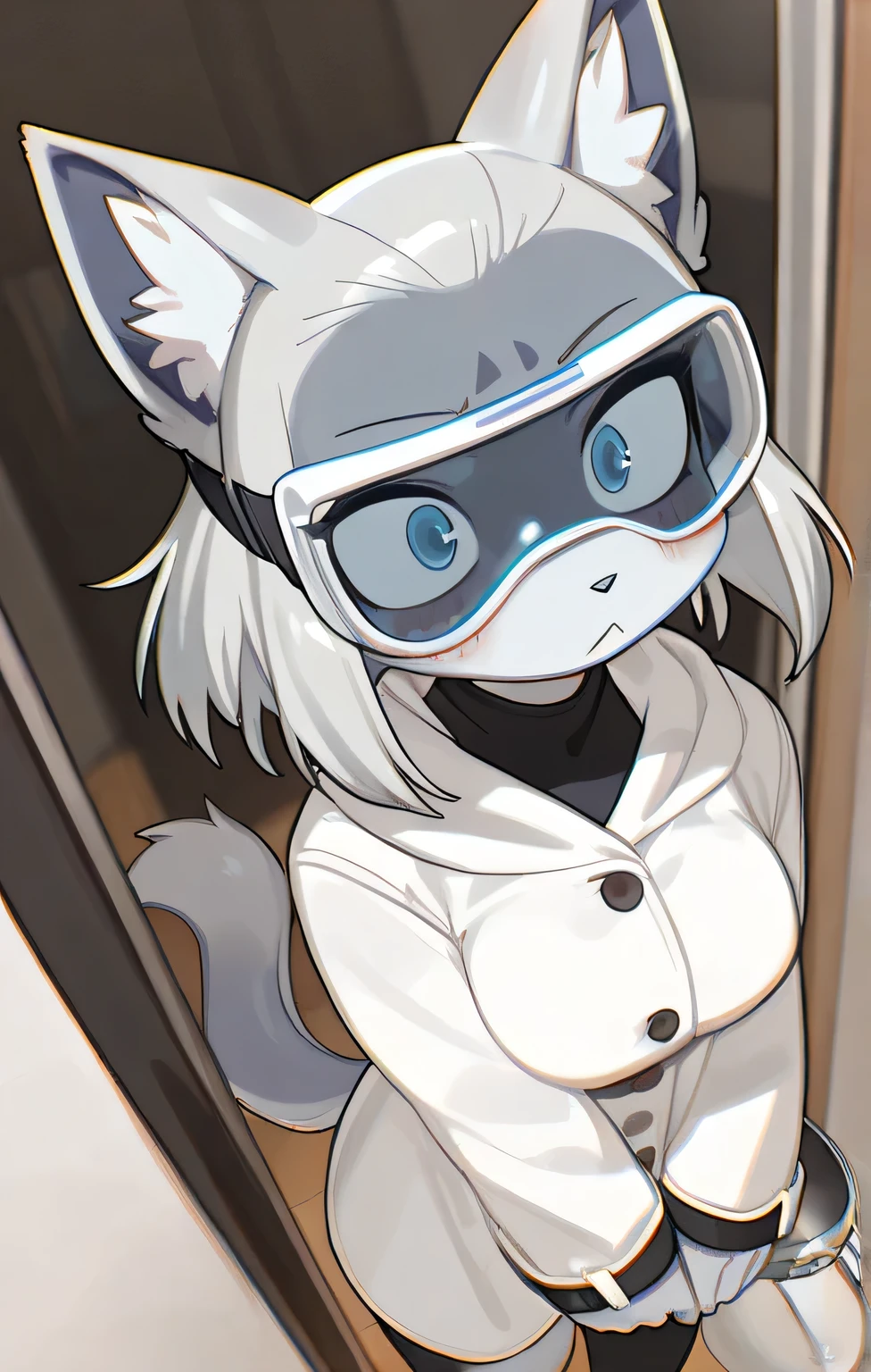  in,  top quality,  masterpiece、 cartoon anime 、female furry、 light grey beast 、forehead goggles 、 White Coat、 laser drum
、