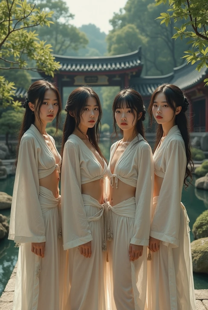 2 girls, masutepiece, From below, And the goddess of the wind、perfect pretty face、Long black hair spreading in the air、transparent white kimono style dress、Shoulders are sticking out、look at viewr、Welcome viewers、very large and soft breasts、no-bra、(Nipple |Visible through clothes:1.3、bright colour)、Attractive body、dynamicposes、Bewildered look、kindly smile、Deities々Lighting、extra detailed face、Soft filter:1.2、Mist Bamboo Forest、Invitation to Heaven、sixteen years old