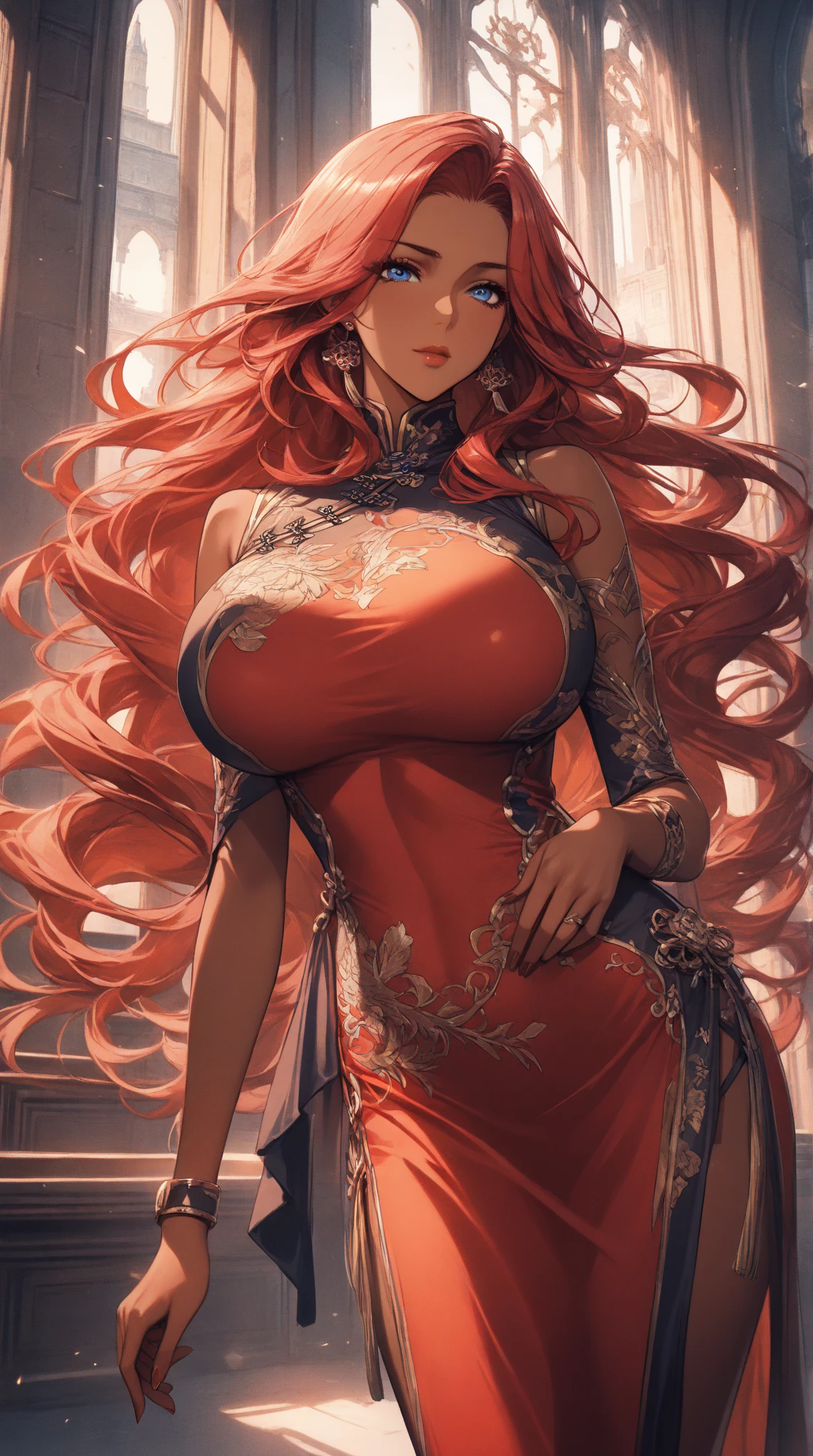 gorgeous woman, voluptuous figure, straight long red hair,portrait,beautiful detailed red eyes,beautiful detailed lips,extremely detailed eyes and face,long eyelashes,aloof expression,regal posture,colorful background,soft lighting,vivid colors