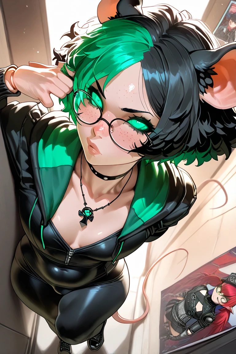 absurdrez, ((best quality)), ((masterpiece)), (detailed), insane detail, small ears, perfect face, 3 foot tall girl, (green skin), small ears, very shy, tiny breasts, wearing black rimmed glasses, short dark green hair, in fine art museum, wearing casual clothing and jewelry, looking closely at a painting on the wall, smiling, studying art, dynamic pose, cinematic still