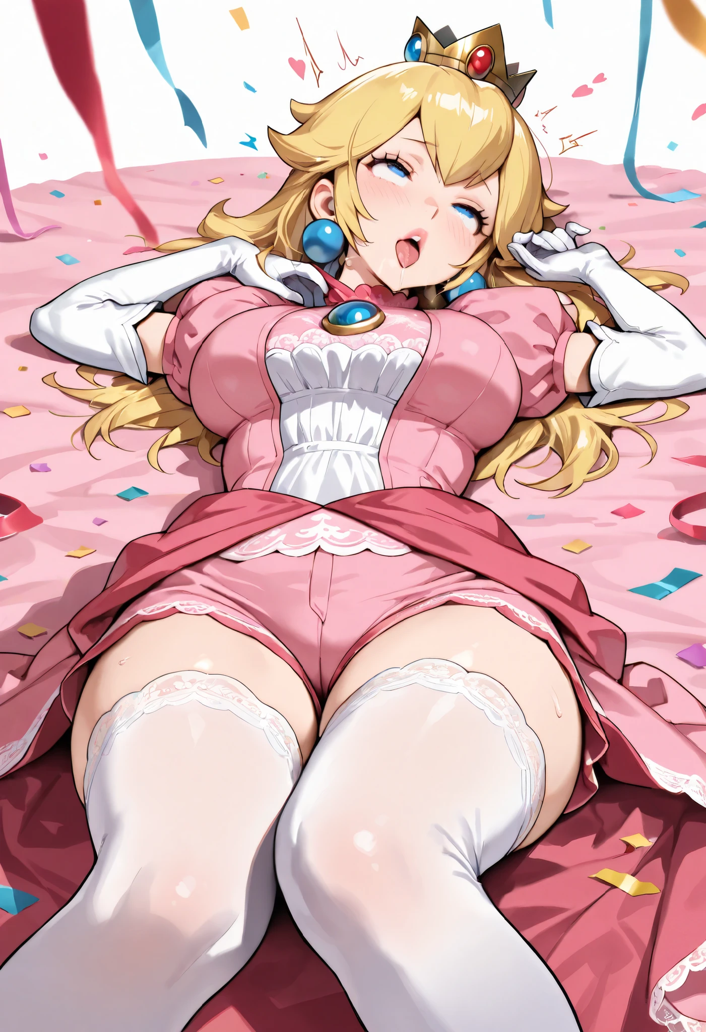((female loli)) with ((Long straight light blonde Hair)) and ((height 5'0)) and ((height short)) ((light light pink eyes)) and ((massive Breasts)) and ((massive waist)), ((full-length portrait)), ((thicc)), ((sitting down on a bed holding breasts)), ((wear Princess Peach dress)) and ((Massive Hourglass Figure))