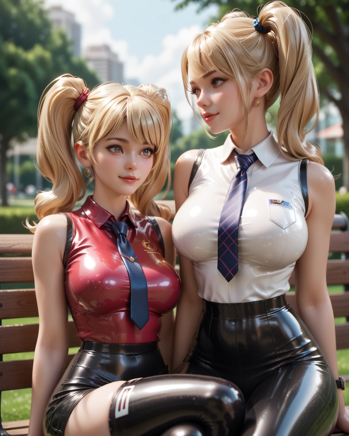 masterpiece, best quality, highres, Ann Takamaki, 1girl, blonde hair, long hair, twin tails. Blue eyes, jewelry, earrings, piercing, unbuttoned white shirt, open shirt. partial nudity, massive breasts. nipples. no bra. black choker, blue necktie, no skirt smile, standing, cowboy shot, outdoors, Futanari. Penis. Girl with penis. Dickgirl.