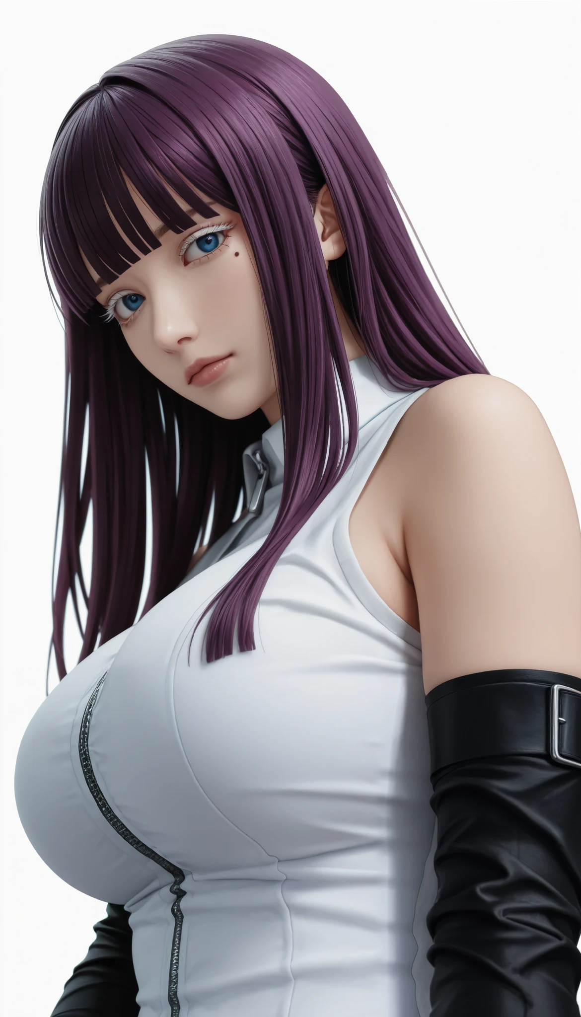 (photography, best quality), photorealistic, RAW, best score, best anatomy, ultra deitailed, amazing quality, very aesthetic, realistic:1.4 absurdres, highres, 2024, newest, HDR, 8K, high detail RAW color Photo, high contrast, portrait, large pupil, eyelashes, microtexture, rich in realistic textures, mira suou,1girl, purple hair, mole under eye, bangs, (blue eyes), blunt bangs,looking at viewer,bare shoulders,curvy physique, ((white eyelashes)), white shirt with a zipper going down the middle, bare shoulders and black arm sleeves, large breasts, low angle, side view, making v with your fingers, ((forced perspective)), ((minimalist white background)), Ikki-Illu