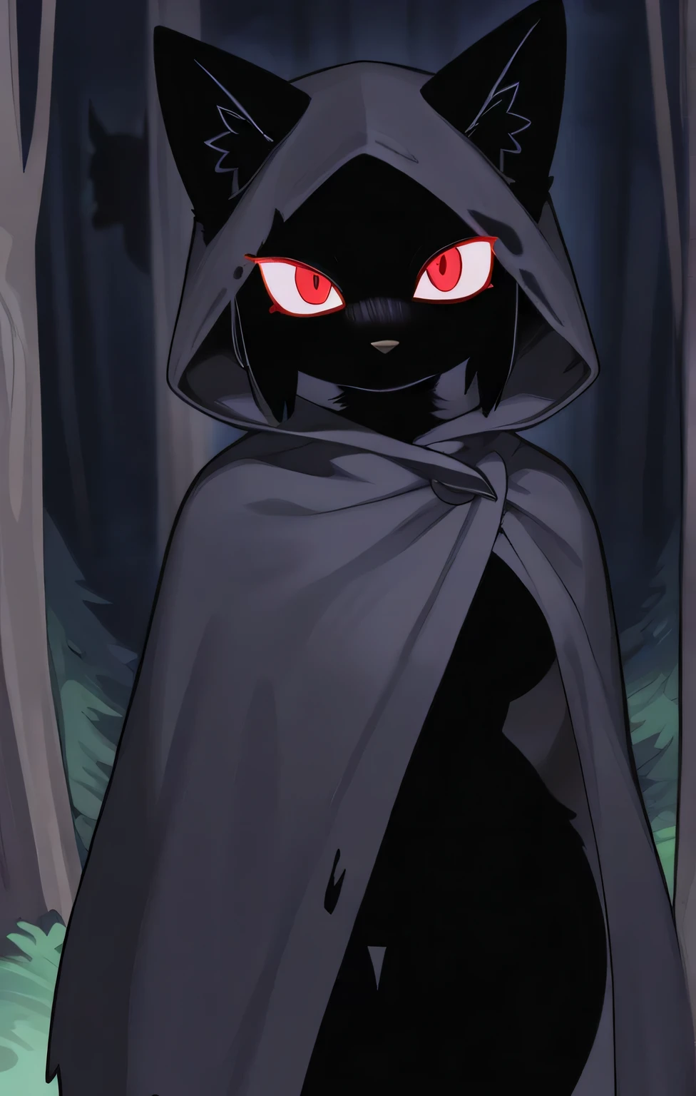 in, top quality, masterpiece、 cartoon anime 、female furry、 Beast of Shadows 、red eyes、Thin Silhouette、Large Ragged Cloak、Above the Forest at Night