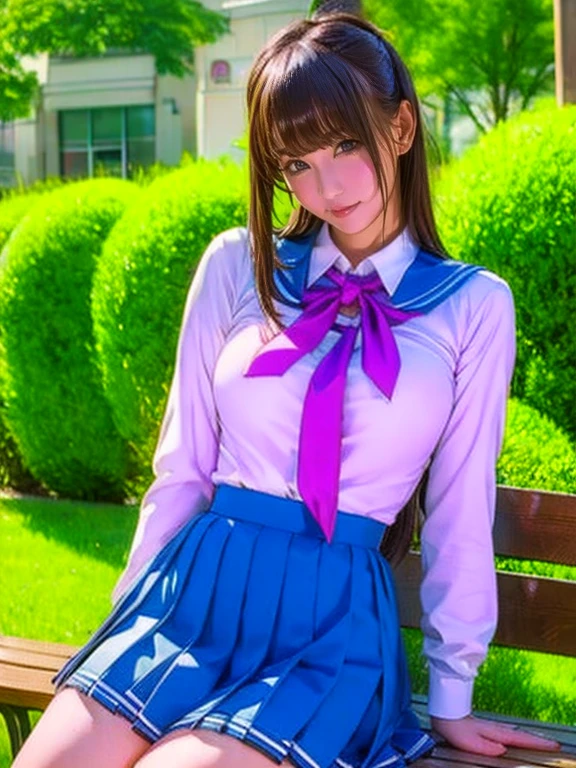 (highest quality, 4k, 8K, High resolution, Tabletop:1.2), Super detailed, Realistic:1.37, Light brown hair, Semi-long hair, Asymmetrical bangs, Adult female, high school girl, Sailor suit, Purple and pink checkered micro mini pleated skirt, Super super slender body, Shy and cute face, A very happy smile