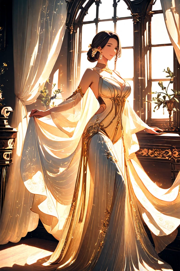 dress transparent, gem, details, detailed scene, magical items, highly detailed scene, masterpiece, 3D, sculptural, textured, handmade, vibrant, fun, Textured, distressed, vintage, edgy, dirty, noisy