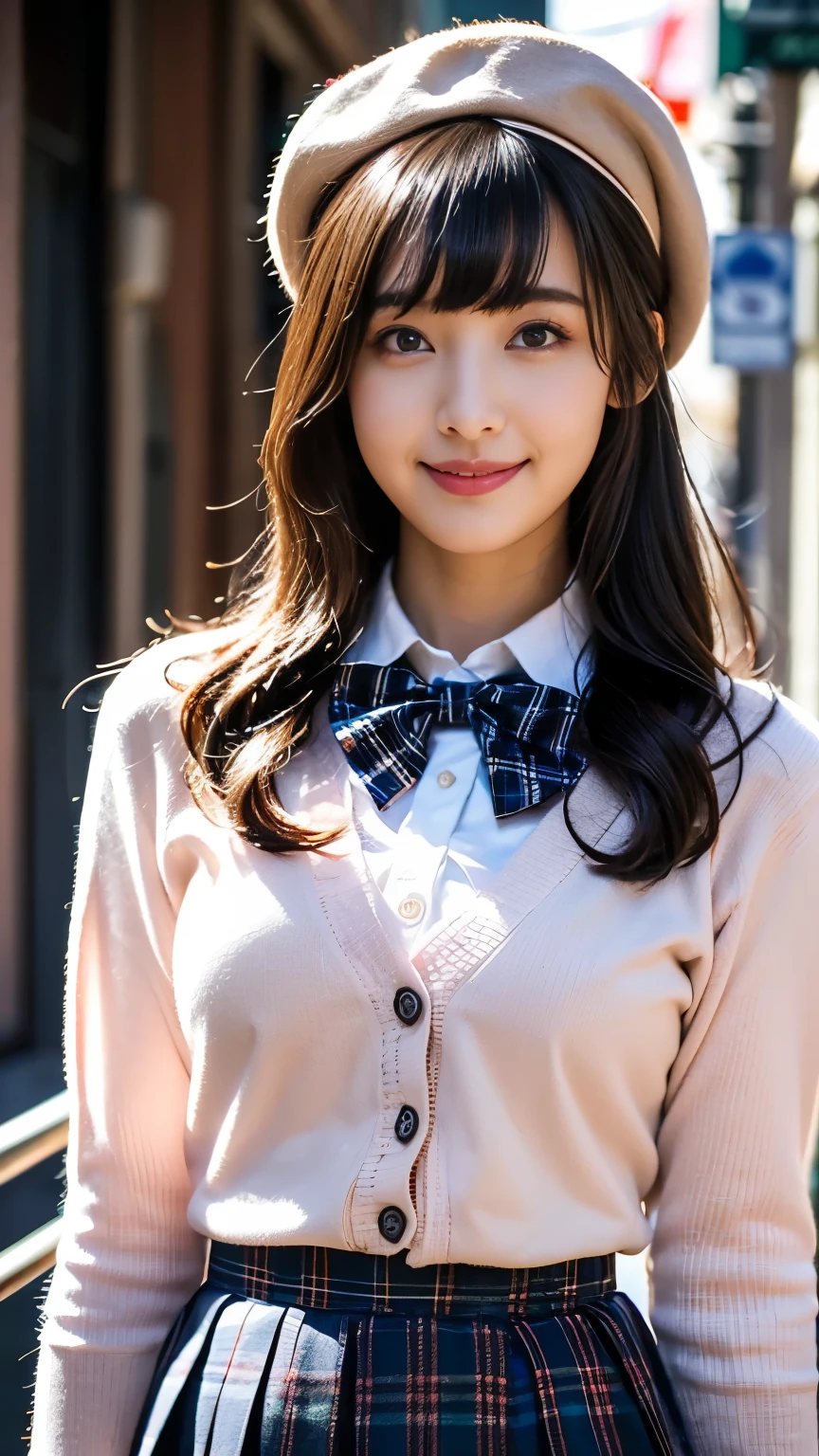 Genuine, Genuineistic, photo-Genuineistic, masterpiece, best quality, Hi-Res Photos, very detailed, intricate details, sharp details, sharp concentration, Alone, girl around her neck, Japanese Young Women, An erotic body that cannot be hidden , (school uniform, beret, light pink cardigan, white collared shirt, bow tie, Dark grey mini skirt, pleated plaid skirt showing off a sheer thong:1.2), (Long brown hair with round bangs ),(thighs, show off your face:1.3), (Beautiful image quality), (smile), detailed faces, Beautifully Detailed Eyes, sophisticated nose, break, perfect anatomy, perfect hands with full nudity, detail hand , outdoor, alley,