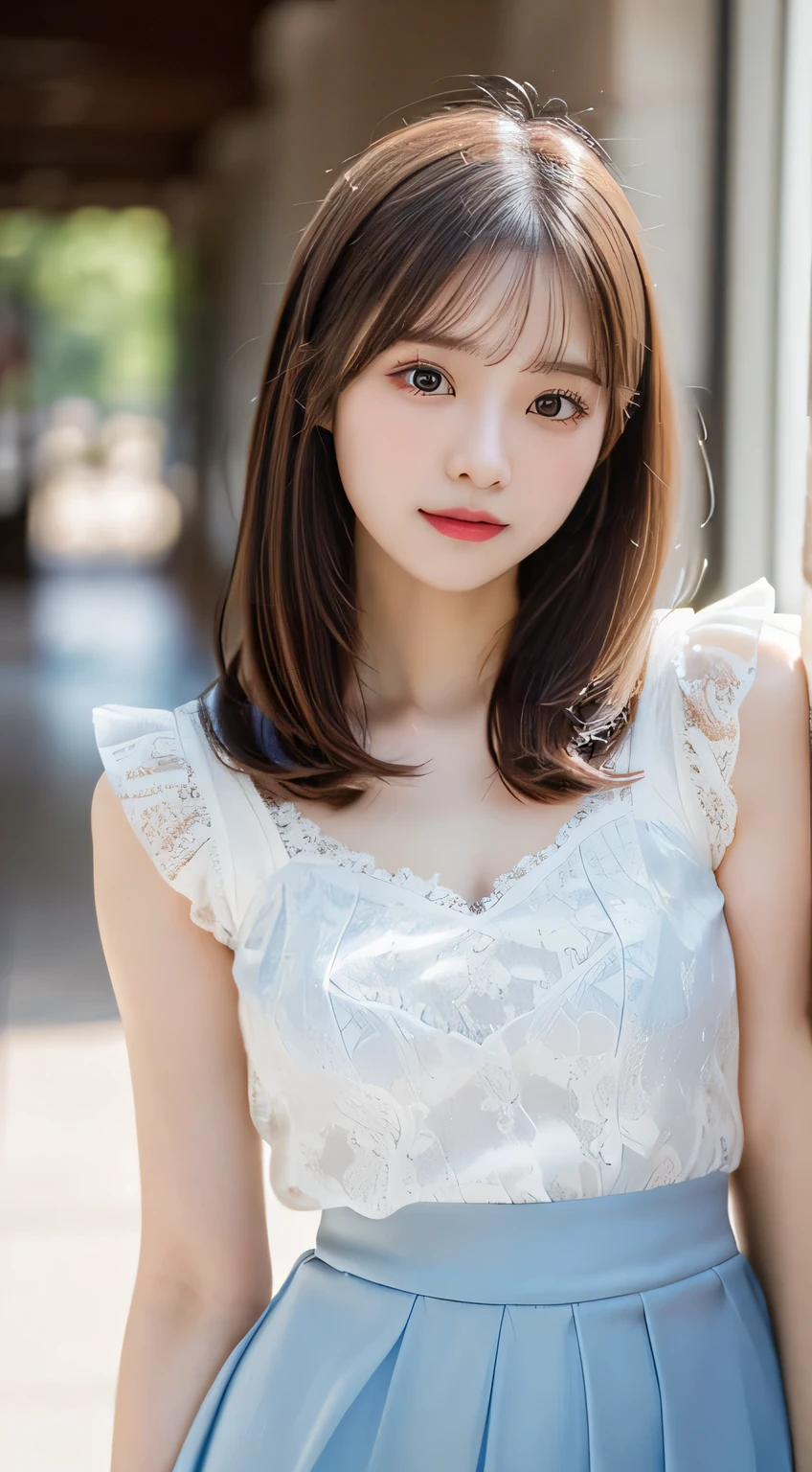 (beautiful girl、cute face、stares at viewers:1.3)、top quality,8K image、 perfect double eyelids、happy、natural color makeup、Moist lips、white skin、(straight hair、medium hair、straight hair, Strongly Blurred White Background 、white camisole、 frill、Midi Skirts、blue lace skirt:1.3),