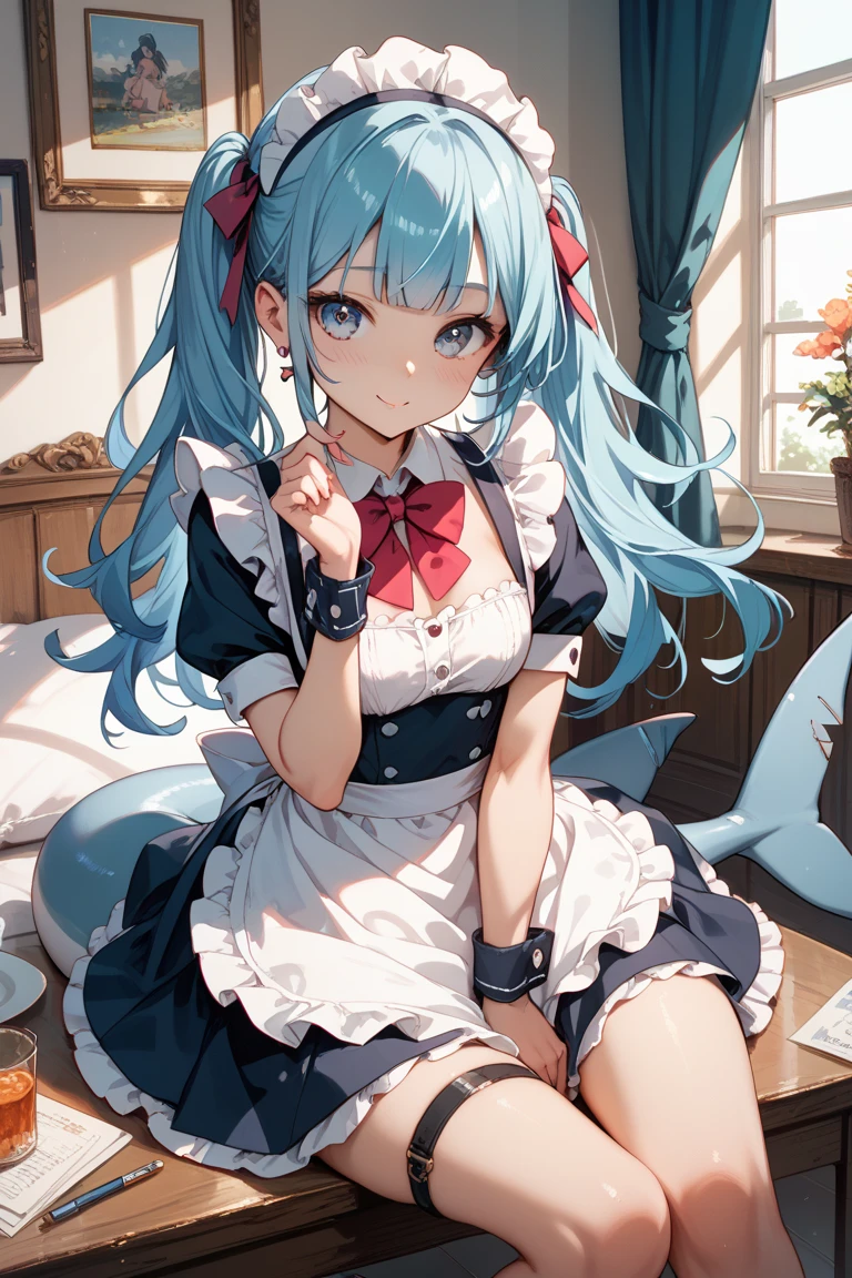 (((Alice in Wonderlandcostume hatunemiku ))),hatunemiku,Alice in wonderland Twin Tails,Sitting with legs spread 1girl sitting 1girl staring at me,Heterochromia