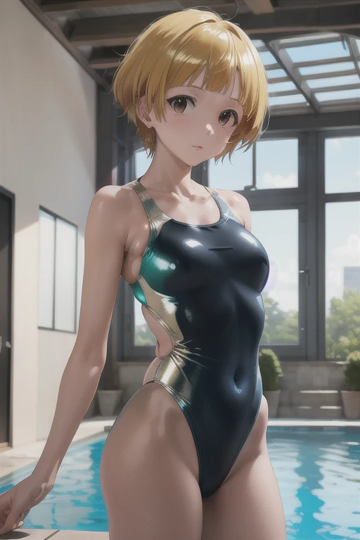 beautiful girl, shy body posing, blonde hair, short hair, cute face, sad smile features, green eyes, perspective from below, light blue swimming suit, ultra high resolution, high quality,