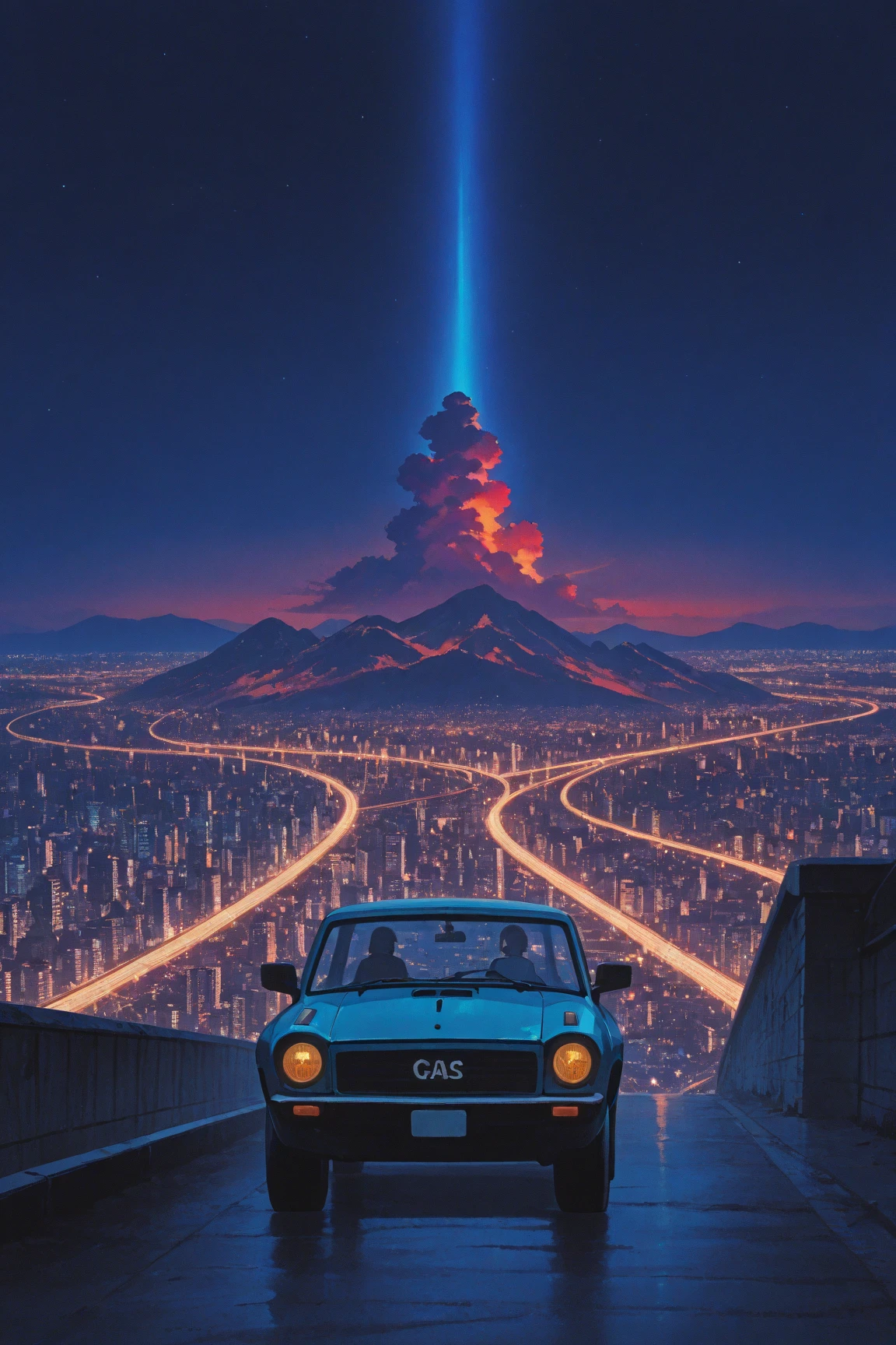 ，(Beautiful skyline,Magnificent volcano),(Intense and dramatic imagery,Stunning visuals),(The hanging North Star,Colorful natural light),There is a female fever wearing a white pencil dress（red short hair），Sit in the car，Head against the window