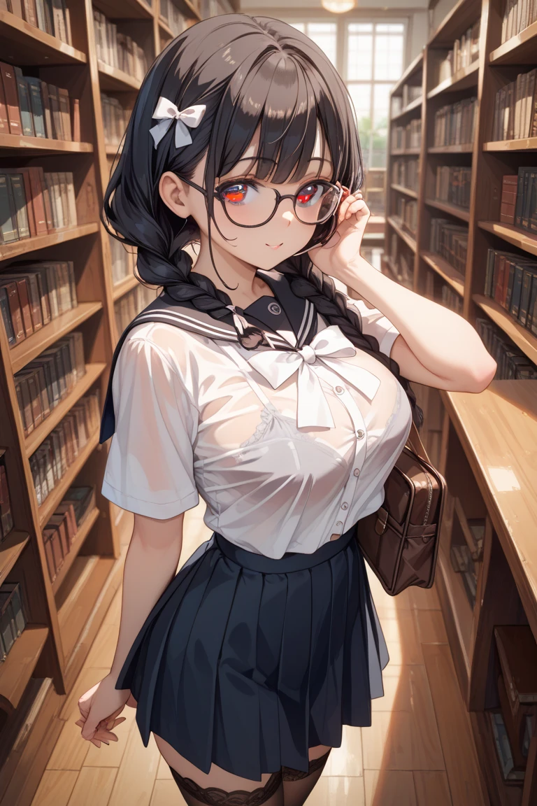 (masterpiece, best quality, highly detailed, ultra detailed, high resolution, absurdres, 4K, 8K:1.2), (official art, incredibly fine illustration, extremely detailed CG, detailed background, professional lighting, dynamic angle, perfect hands, detailed shiny skin, detailed hair, detailed eyes), library, Girl in uniform, serafuku, White shirt, Black skirt, Black short hair, Shiny hair, Shiny skin, carried breast rest
carrying, stack of books, small breasts, glasses