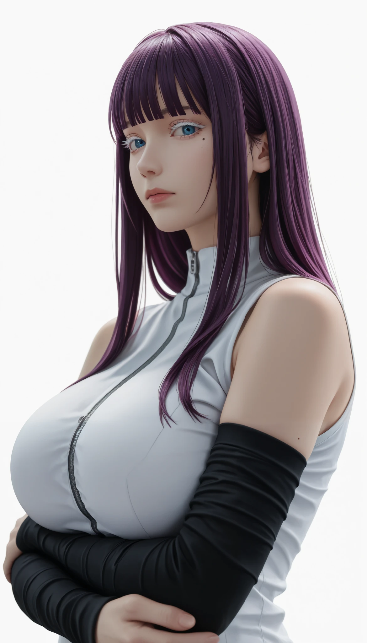 (photography, best quality), photorealistic, RAW, best score, best anatomy, ultra deitailed, amazing quality, very aesthetic, realistic:1.4 absurdres, highres, 2024, newest, HDR, 8K, high detail RAW color Photo, high contrast, portrait, large pupil, eyelashes, microtexture, rich in realistic textures, mira suou,1girl, purple hair, mole under eye, bangs, (blue eyes), blunt bangs,looking at viewer,bare shoulders,curvy physique, ((white eyelashes)), white shirt with a zipper going down the middle, bare shoulders and black arm sleeves, arms crossed, large breasts, low angle, side view, looking sideways, ((forced perspective)), ((minimalist white background)), Ikki-Illu