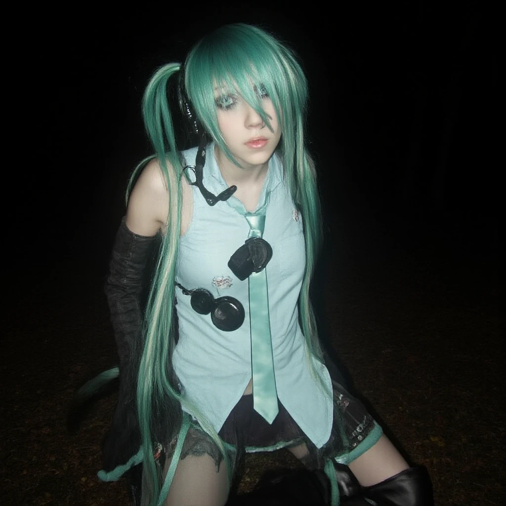 aesthetic2000s, amateur photo of. A woman in hatsune miku cosplay attire, she is wearing shirt with detached sleeves and necktie and pleated skirt and thigh boots, she has shoulder tattoo and a very long aqua twintails with hair ornament and headset, low light, forest background, creepy