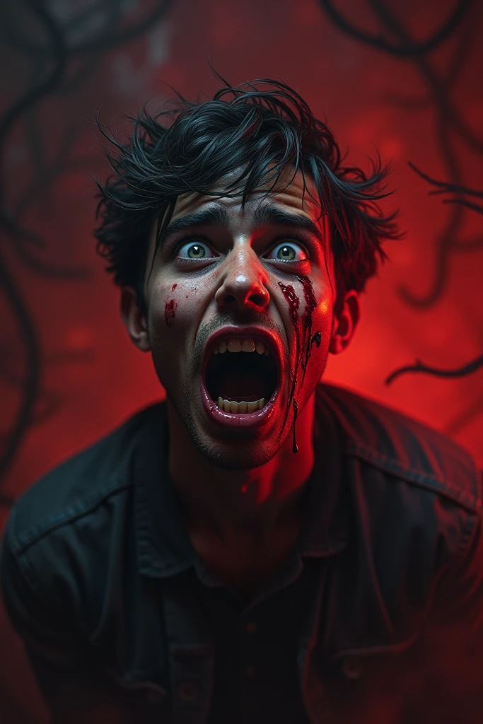Young man in blood, vampire, blood, everything in blood, dark