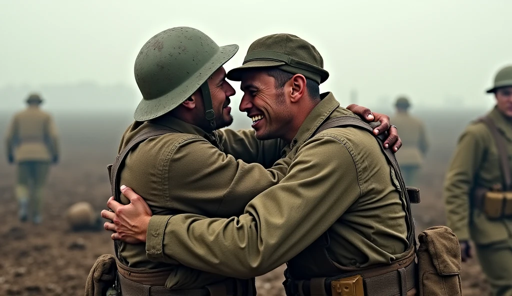 Men in military uniform hugging each other at war (black andwhite)