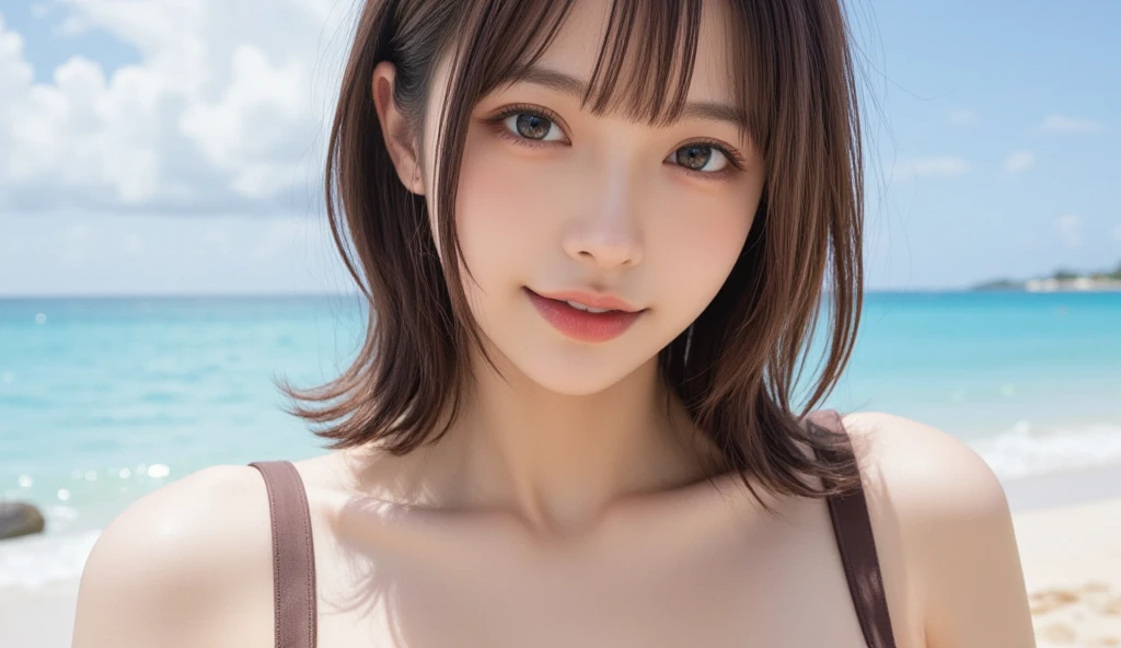 Sandy Beach, Highest quality, shape, Very detailed, In detail, High resolution, 8k wallpaper, Perfect dynamic composition, Beautiful details,  Natural Lip, Summer dress , Big Breasts, Cleavage, Sandy Beachを歩きながら微笑みかける, A masterpiece of the whole body, 