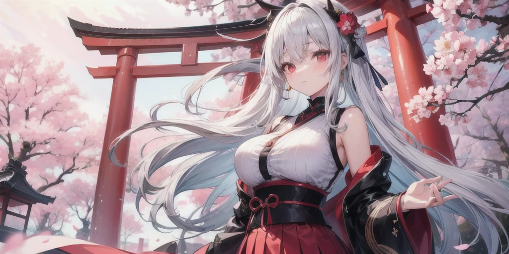 ((tmasterpiece:1.4,Best quality at best))+,(hyper-detailing)+,(A detailed eye:1.5)+,(White dragon horn:1.5),(cute girls),(Sky Blue Eye:1.5),white hair colored hair,Extra-long hair,Braided edges on both sides,(wariza:1.2),pale-skinned,Seductive smile,black crystal block,red bowtie,(red and white witch costume:1.5),(Red ribbons,White stockings:1.4),dense fog,metal chains,Sakura NS,Silk gloves,shrines,torii,(Japan Priestess:1.1),(dawn light:1.2),),(Close-up cleavage:1.1),(elevation perspective:1.3)