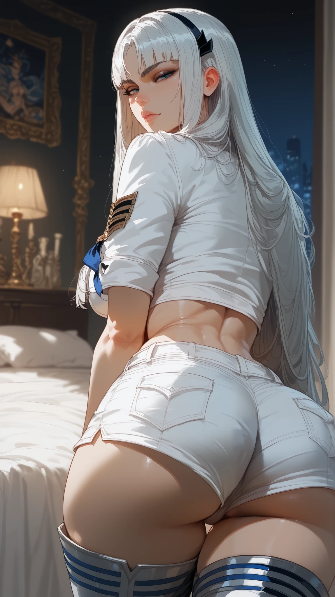 ((best quality)),((excellent quality, 8K, master piece: 1.5)), The pubic area is clear: 1.4, perfect body beauty: 1.4, sexy hanfu clothes,sexy hanfu clothes,I can see your pants,gray hair,wet skin, sleeping in bed,back stance,pointed ass,round butt,pointed ass,Raise your ass,film texture,