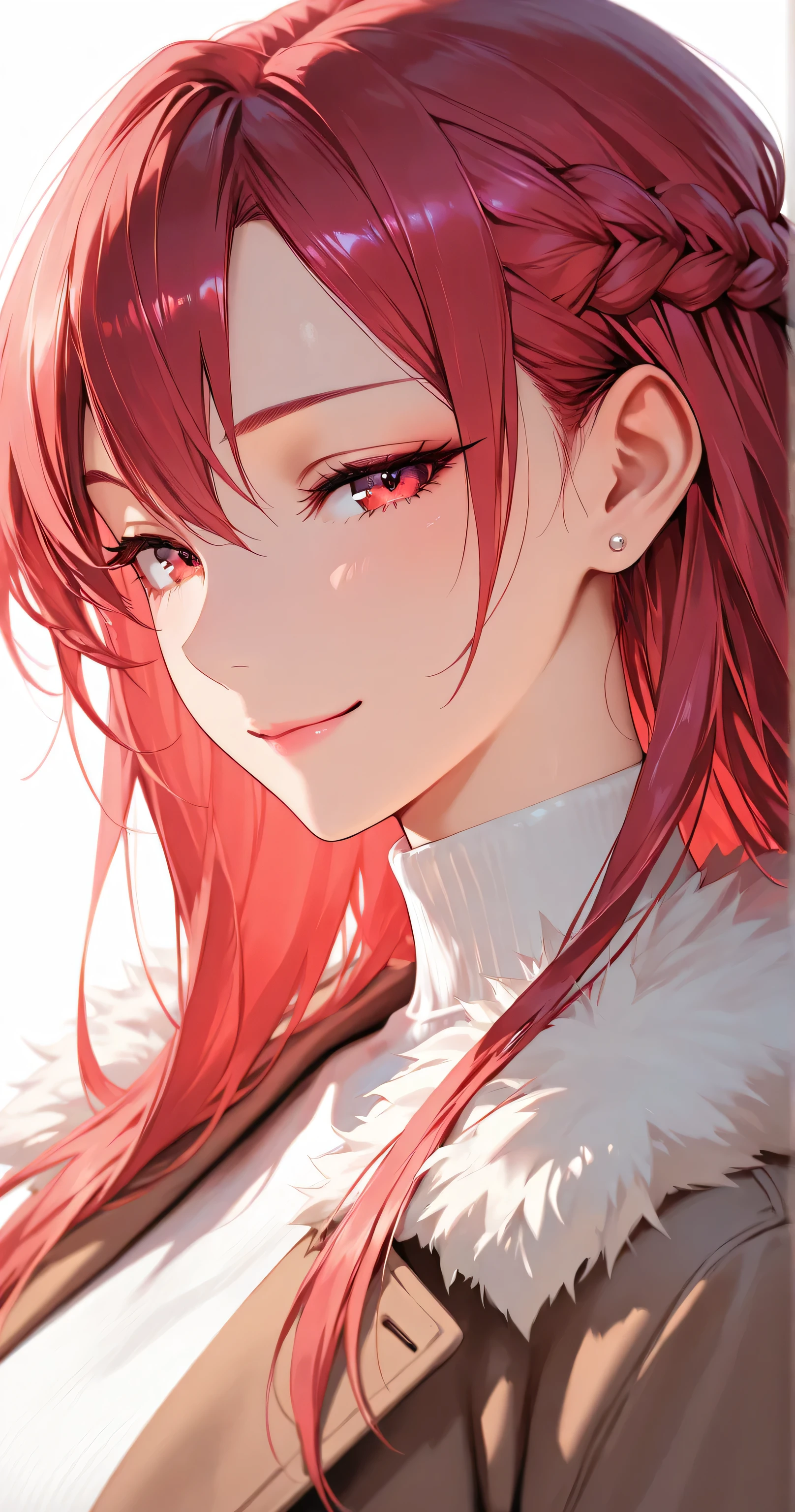 insanely detailed,  
She is cute,
sharp focus (1.3), clear lines, crisp edges, crisp outlines, rich harmonized colors,
sharp focus on eyes and facial details, stunning clarity, sharp focus (1.5),
Well-defined facial features,
red long hair in a French braid, no white strands, styled in a French braid,
delicate strands, silky smooth,
Beautiful almond-shaped eyes with detailed irises, gentle shading, exquisite eyelashes, Eyes with a sharp, confident look,
slender figure, fair flawless skin, soft pink lips,
calm and composed gaze, stunning clarity,
Sweater, brown jacket, turtleneck, fur-trimmed jacket, casual outfit, simple stud earrings,
white background, soft ambient lighting.
1girl, solo, no additional characters,
Masterpiece, best quality, ultra-detailed, 8k resolution,
light smile,
[closed eyes: (narrowed eyes:1.1), happy smile].
face shot, front view, looking at viewer, profile,
highly detailed face, refined body, flawless skin, no tattoos or symbols on face.
highly detailed face, refined body, flawless skin.  

