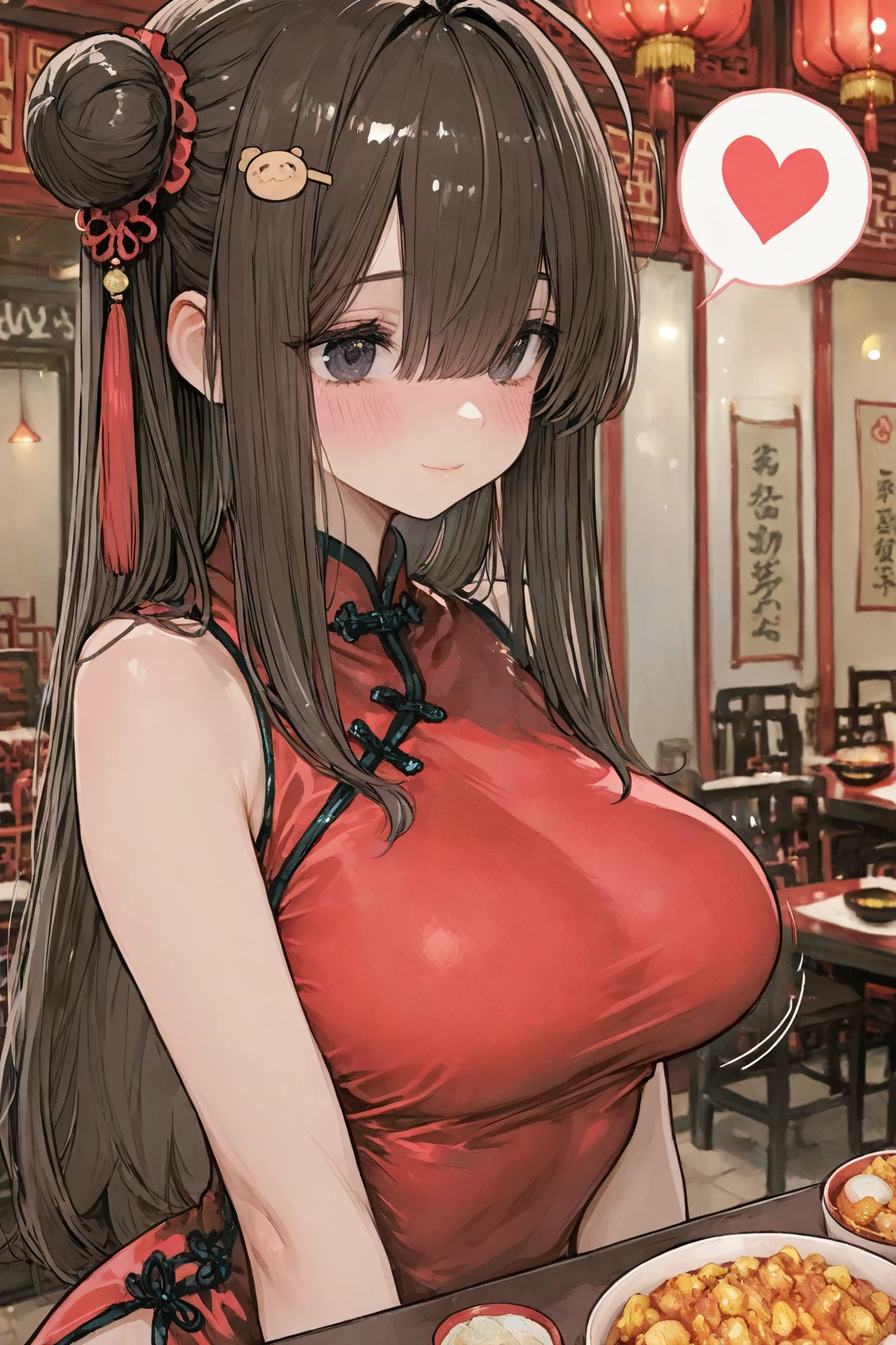 one woman, fox ears, fox tail, mature woman, green eyes, dark brown hair, shiny clothes, Chinese dress, Cheongsam, sexy, SFW, latex, thick thighs, big breasts,