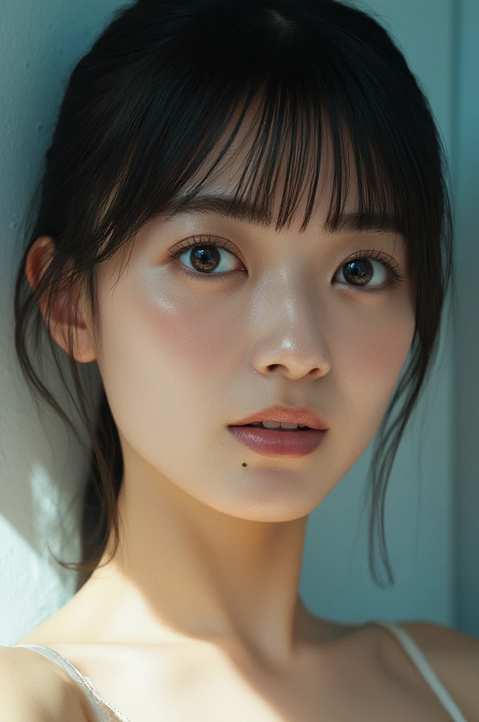 One Girl, 22 years old, alone, short Black Hair, Looking into the camera, Thin face, Translucent white clean skin, Black Hair, whole body,, (Highly detailed 8K wallpapers), Soft lighting, high quality, Film Grain, Fujifilm XT3 Sharp Focus, 5 ....6, 50mm, Attention to detail, Sharp focus, (Natural light), (Fascinating), Realistic, sexy, ((Detail Eye)), ((eye: 1.2), ((Swimwear)), (chest: 1.2)、Ocean