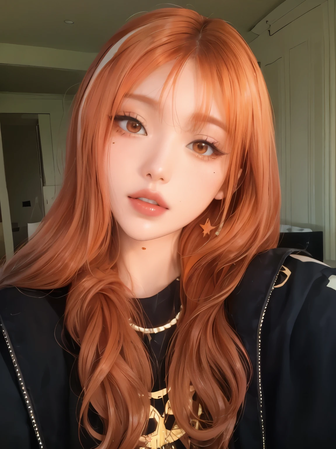 a close-up of a woman with long red hair wearing a black jacket, she has long red orange hair, ulzzang, popular Korean makeup , popular makeup from South Korea, bright orange hair, She has long orange-brown hair., Lalisa Manobal, coral brown hair, orange hair, long orange hair, glowing peach face, the cut of hime