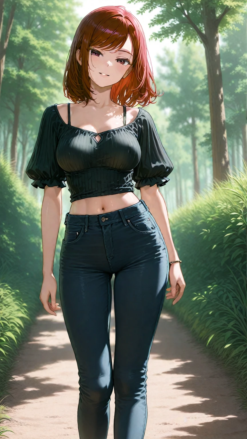 masterpiece,stunning realistic,best quality,sharpness,1girl,brown hair,light green eyes,middle large breasts,cropped sexy knitted sweater,(very long pants:1.1),full body,standing in a park,front view,(arms back:1.1)