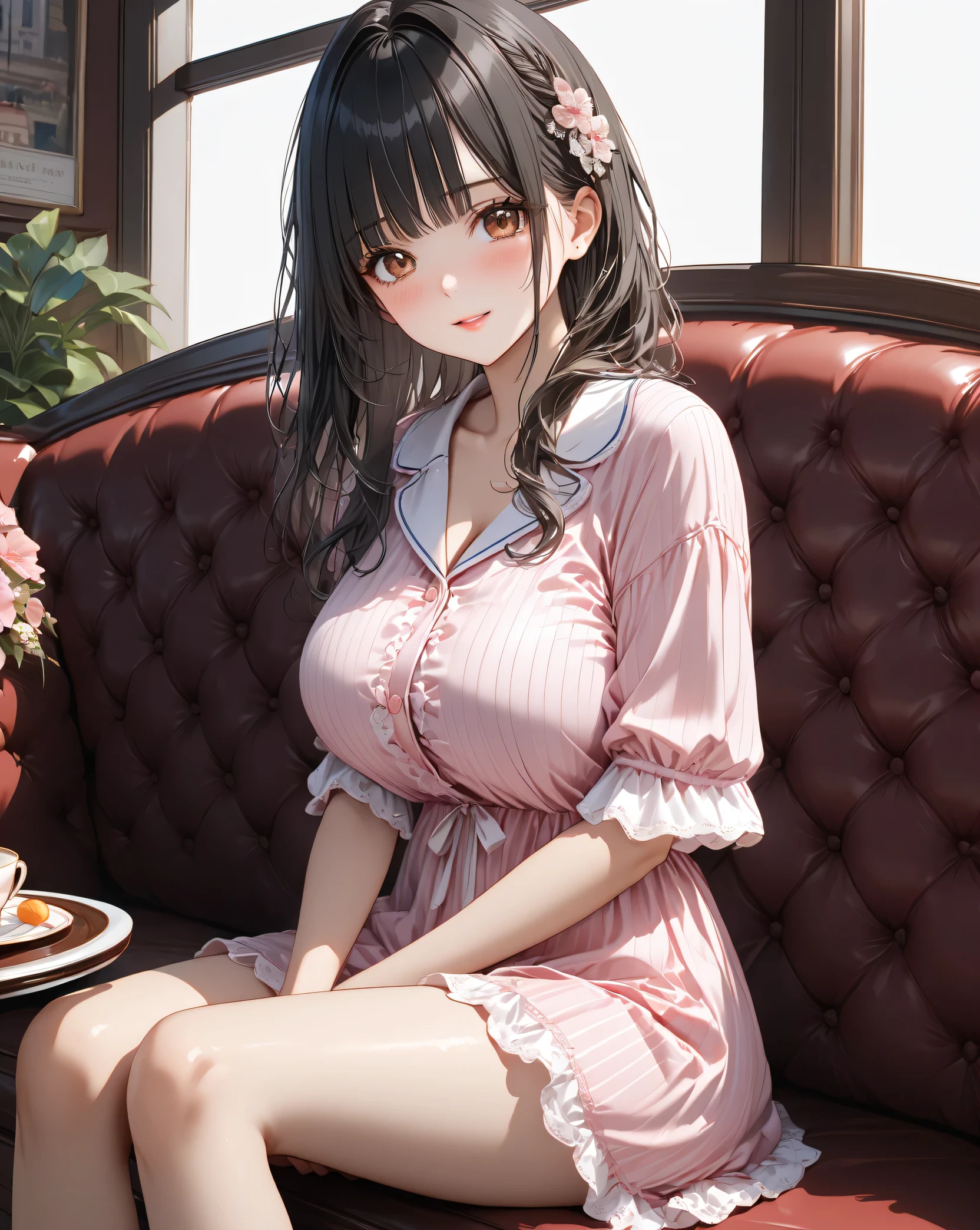 masterpiece,best quality,(solo:1.3),1girl,(tareme:1.2),(full body:1.2),standing,leaning forward,bent over,(low-tied_long_hair:1.3),(low twintails:1.2), dress, ribbons,hair ribbon,very long hair,hair ornament,hair flower, smile, looking at viewer, pink headwear,red eyes,symbol-shaped pupils, short sleeves, puffy sleeves, bangs, blush, blunt bangs, puffy short sleeves, jewelry, ribbon, plaid dress, makeup,eyelashes, necklace, wavy hair,(white thighhighs,thighs:1.2),(large breasts:1.2),indoors, messy room, window,sweet,girls's room,pink theme,painting \(medium\),teddy bear, stuffed toy, loaded interior,bedroom,(((otaku room))),trash bags,plastic bags,cola,chips_(food),juice box, books,