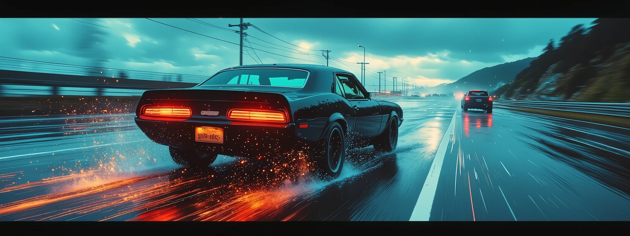 Ultra-wide 8K cinematic shot, (a black muscle car fishtailing on rain-lashed highway at night:1.5),
motion-blurred rain streaks slicing through crimson taillight glare,
high-speed spray arcs from spinning tires creating ephemeral water sculptures,
pursuing police SUV's LED lightbar refracting through windshield water cascades,
twisted guardrail sparks flying over cliff-edge drop into stormy ocean below,
hyperrealistic wet asphalt with oil rainbow swirls in emergency brake skid marks,
low-angle Dutch tilt composition referencing Mad Max: Fury Road's chase choreography,
teal-and-amber color scheme with radioactive green dashboard glow bleeding onto rain-soaked interior,
visual style hybrid of Syd Mead's vehicle designs and Emmanuel Lubezki's continuous tracking shots