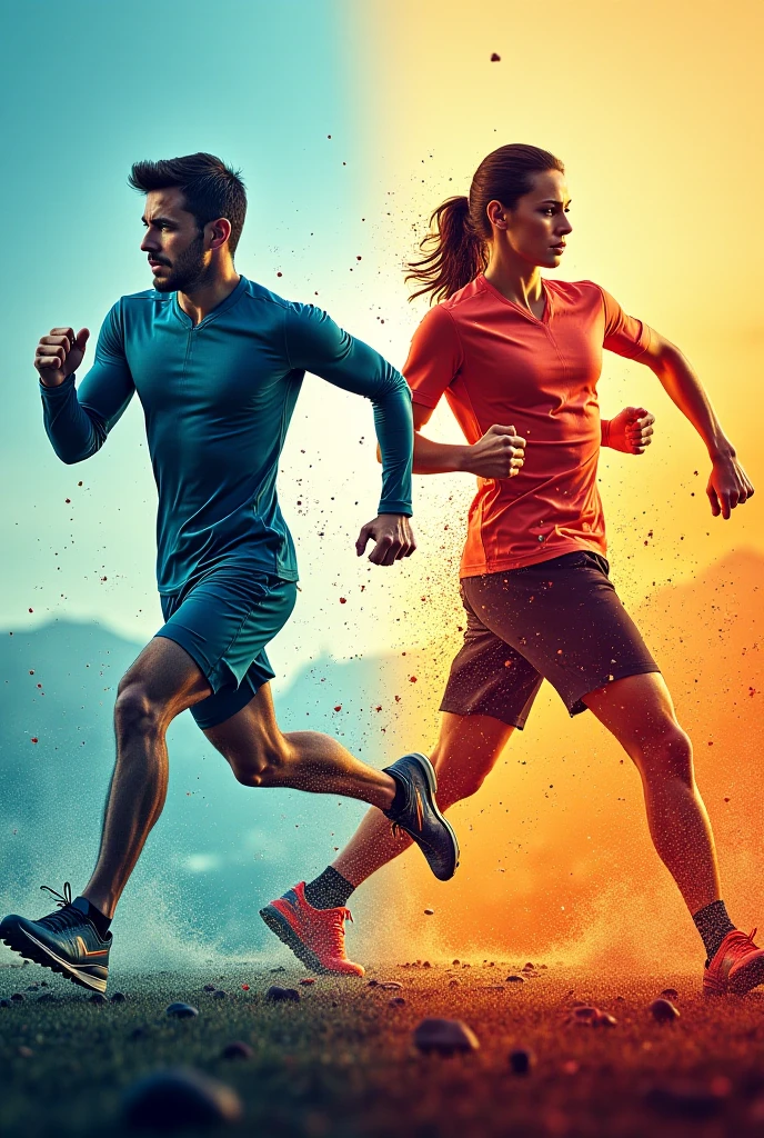 Sketch drawing of a young women and a young man in blue track uniforms

