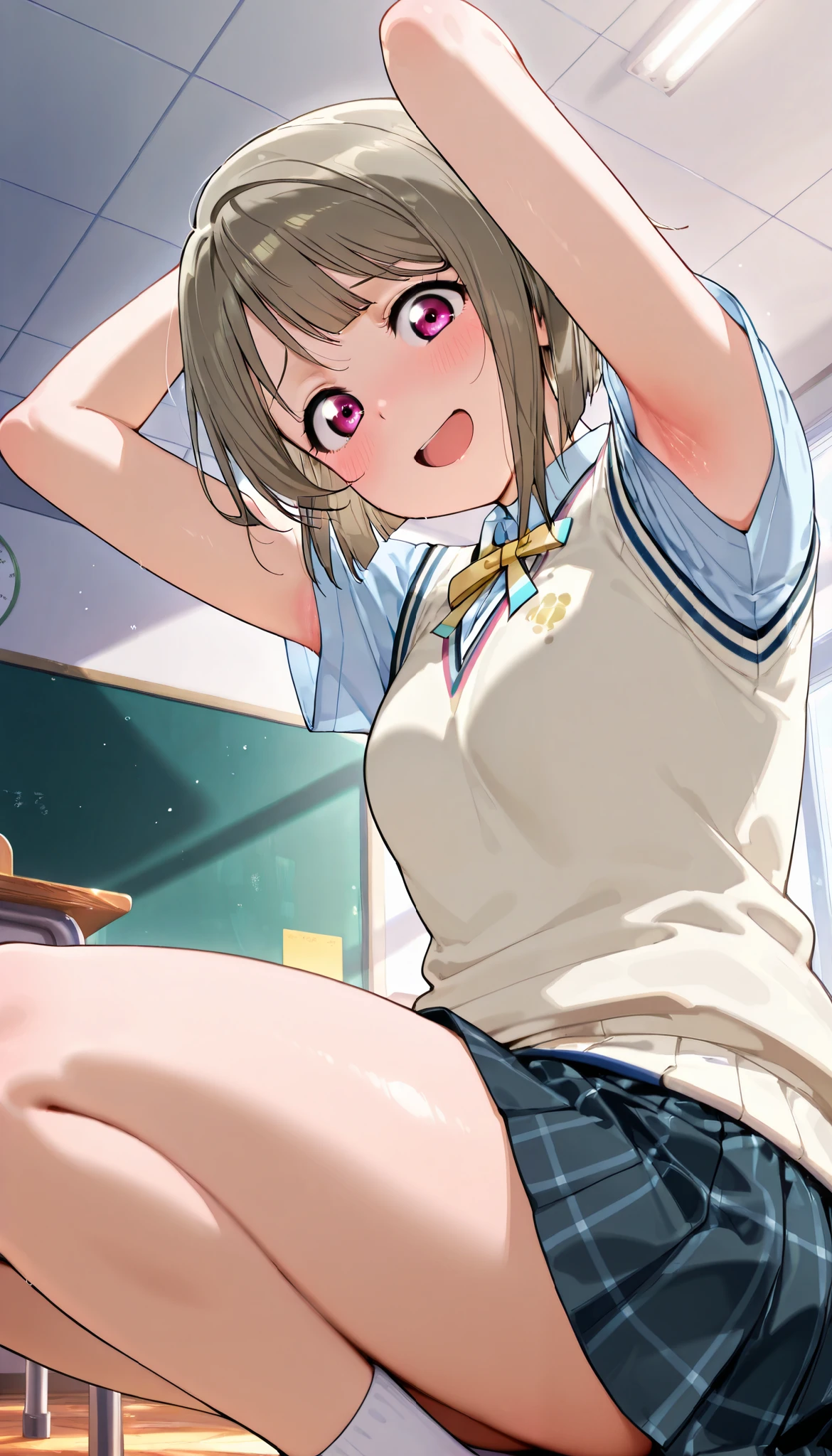 nakasu kasumi, asymmetrical hair, short hair, small breasts, single sidelock,
short sleeves, sweater vest, summer uniform, nijigasaki academy school_uniform,
,BREAK, armpit, arms over head, focus on armpit,
smile, ,scorn,open mouth, (cheerful),looking down at viewer,\(red blush\), embarrassed,
BREAK,
,sitting,looking down at viewer,Squatting,
from side,show armpit from short sleeves,
((masutepiece,hight resolution)), masutepiece, Best Quality, , absurderes, Perfect Skin, Detailed skin texture, ultra-detailliert, 8K, Intricate details, beautifull detailed face,hight resolution, 1girl ,from front,
indoors,class room