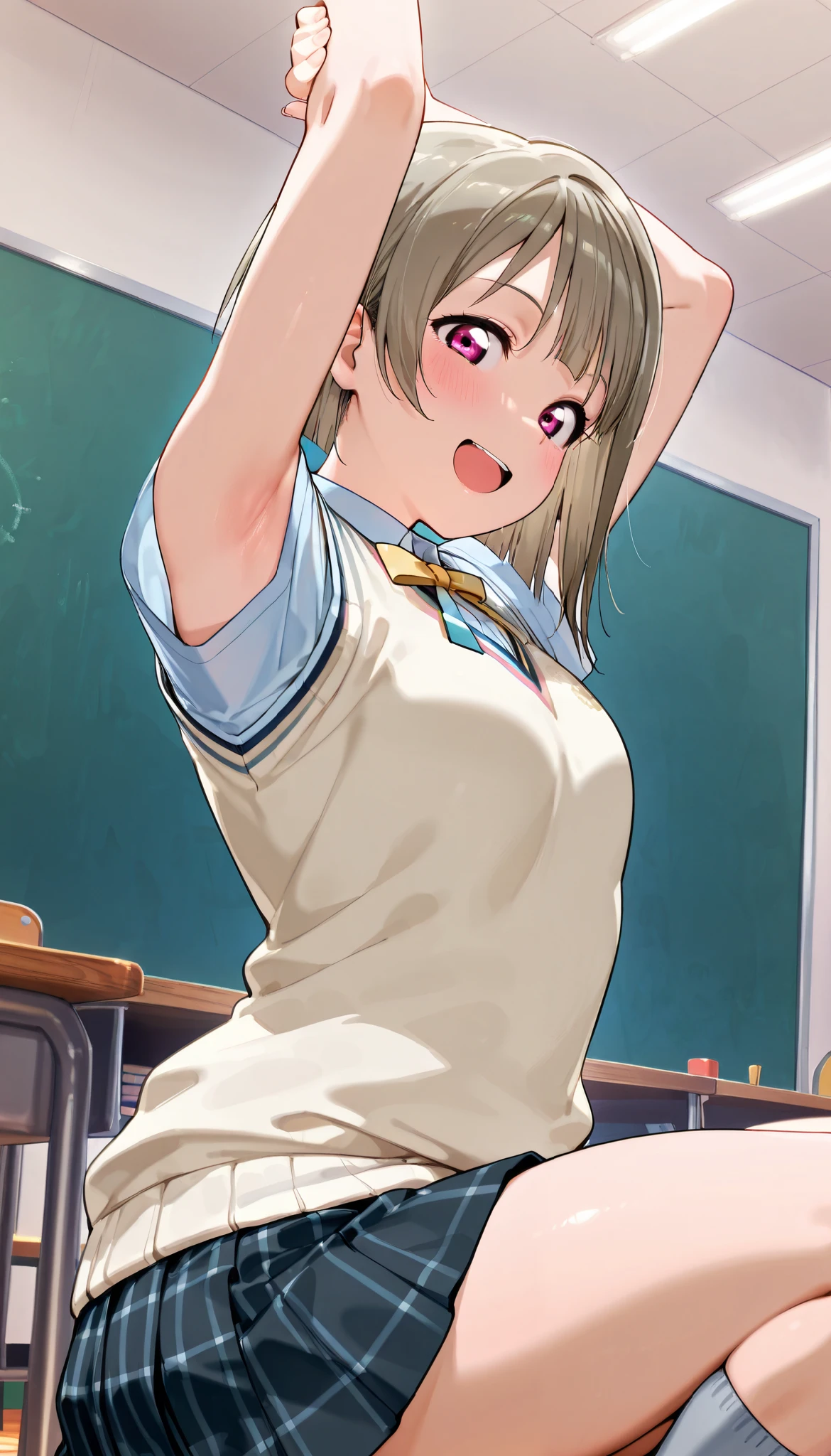 nakasu kasumi, asymmetrical hair, short hair, small breasts, single sidelock,
short sleeves, sweater vest,  summer uniform, nijigasaki academy school_uniform,
,BREAK, armpit, arms over head, focus on armpit,
smile, ,scorn,open mouth, (cheerful),looking down at viewer,\(red blush\), embarrassed, 

BREAK,

,sitting,looking down at viewer,Squatting, 
from side,show armpit from short sleeves,

((masutepiece,hight resolution)), masutepiece, Best Quality, , absurderes, Perfect Skin, Detailed skin texture, ultra-detailliert, 8K, Intricate details, beautifull detailed face,hight resolution, 1girl ,from front,

indoors,class room