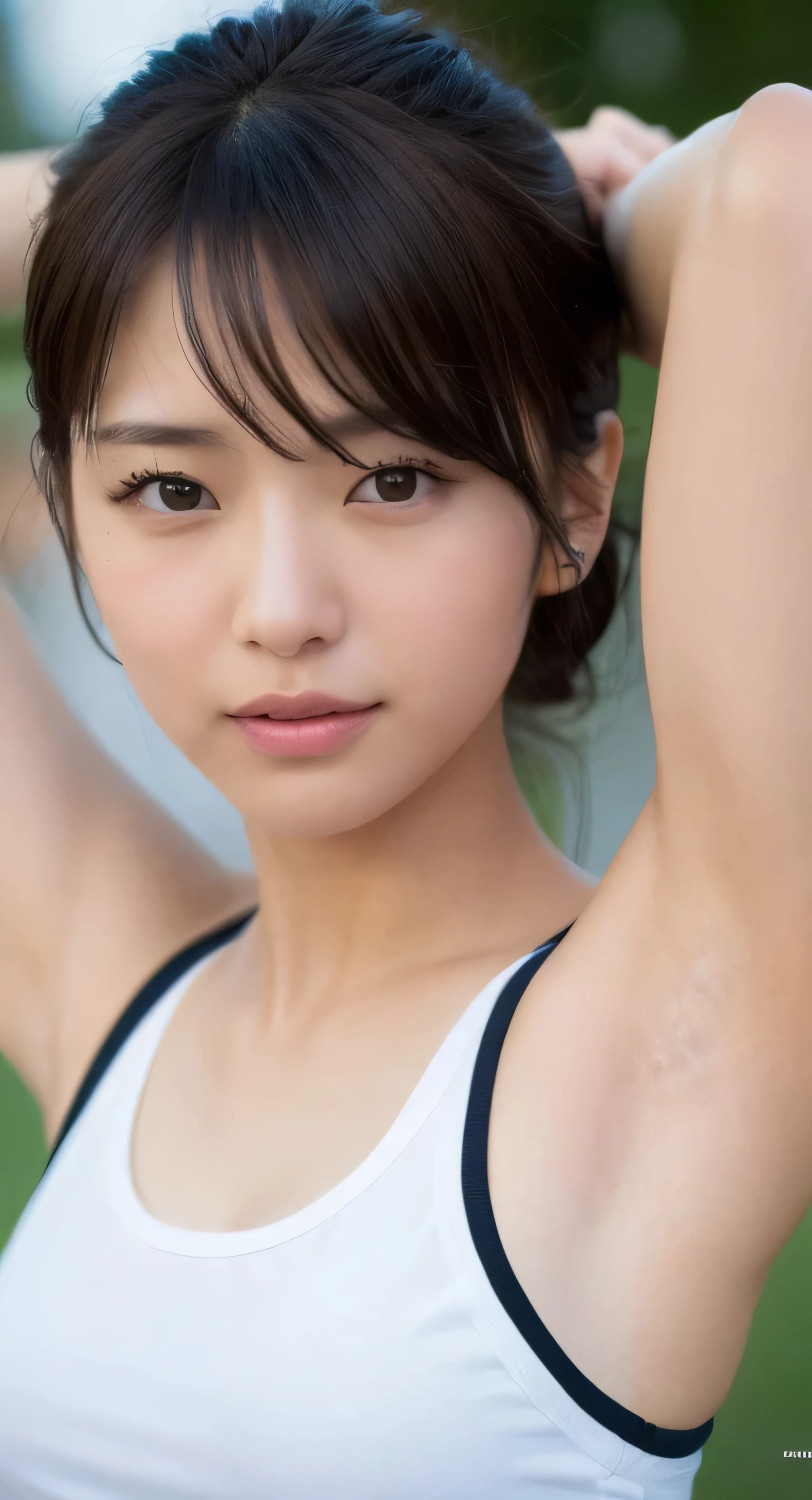 (Highest quality, 8k, 32K ..., masterpiece, Ultra-high resolution:1.2),Beautiful Japanese Women Photos, Black Hairの, Beautiful Face,(Leaning forward:1.3),squat,(From above:1.2),(close:1.4),throw,loose tank top,Thighs、Big ample breasts,(Beautiful nipple exposure:0.9),Plein Air,The wind is blowing,,Glittering Skin,Blurred Background, hot summer, Drops of sweat,Random hairstyles for short hair and updos、Black Hair、Half-open mouth、Embarrassed look、blush:2.0、Cooling off in the shade、A very hot look、Look down、