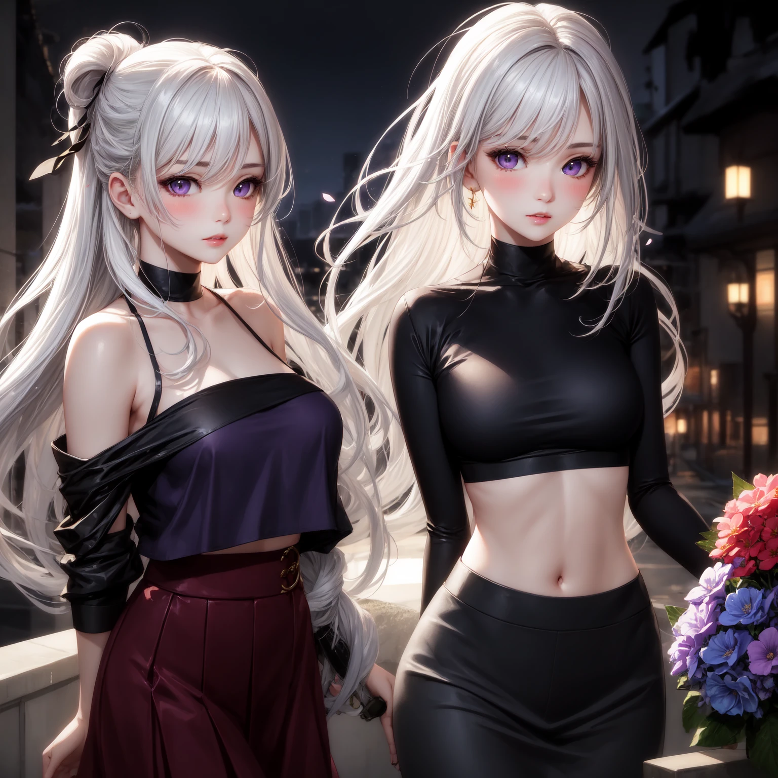 ((best quality)), ((masterpiece)), (detailed), 1 Girl, Off-shoulder sweater, ,Smiled happily,White hair,gentle,Anime style,Long hair,K cup,Revealing clothes,Showing breasts,on the street,There is a bulge on the chest,clear nipples,Hands behind your back