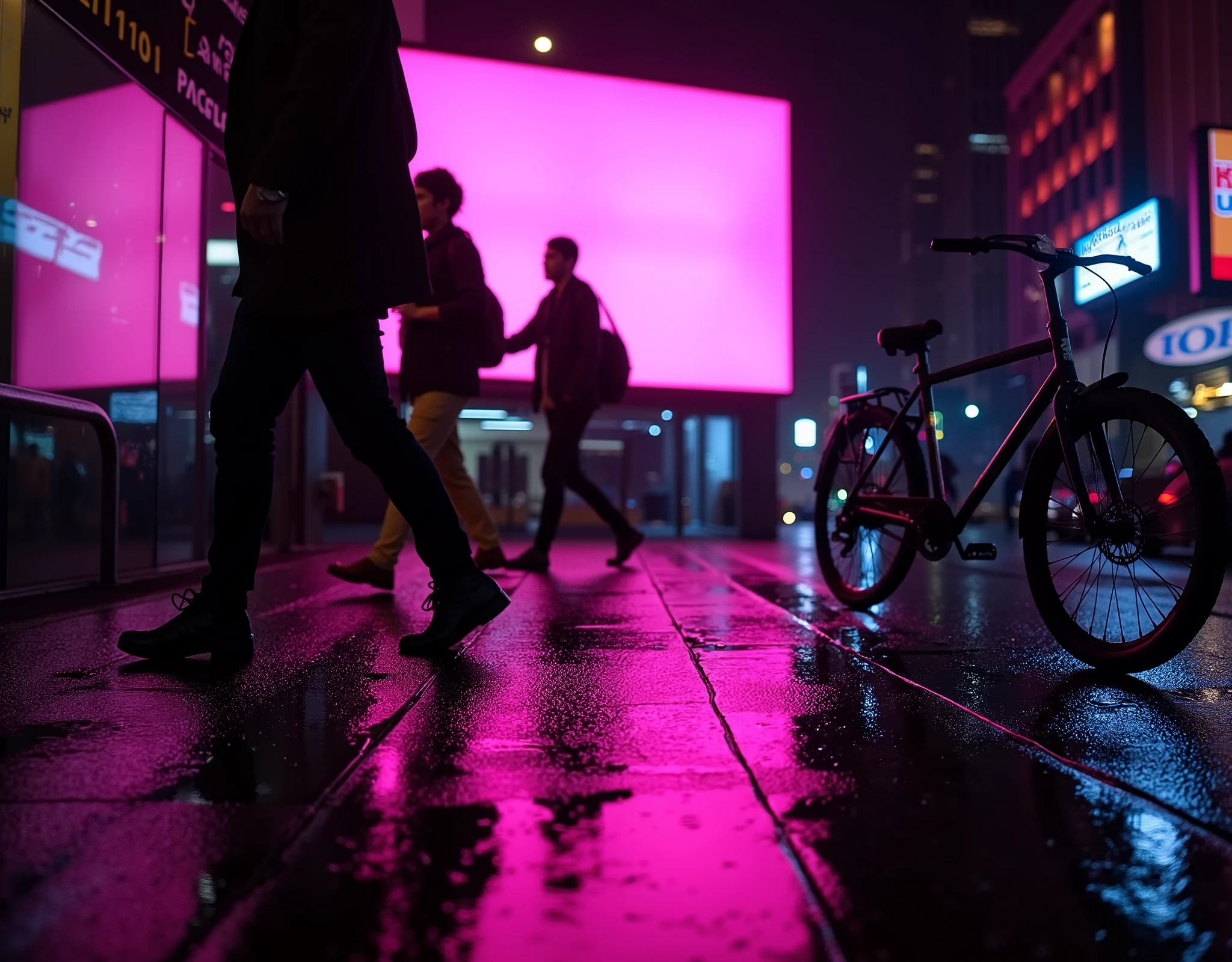 Cinematic photography, eye-level view of a rainy urban street at night, wet pavement reflecting the vibrant pink neon glow of a digital billboard. Silhouettes of pedestrians walk past, slightly blurred, creating a sense of motion. A bicycle is parked against a pole, its dark frame contrasting with the illuminated background. The scene is rich in contrast, with deep blacks and intense neon reflections giving it a futuristic, cyberpunk aesthetic. The atmosphere is moody and immersive, with artificial lights bouncing off the wet ground, capturing a raw and dynamic moment in the city. Shot by professional photographers, high depth of field, realistic lighting, and cinematic framing.